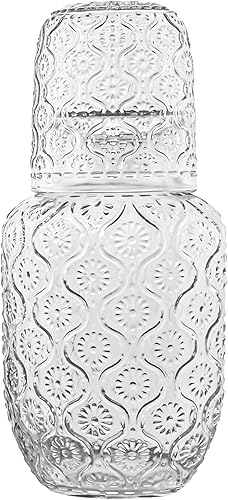 Juego de jarra de agua y vidrio vintage para mesita de noche de dormitorio, mesita de noche, decantador de enjuague bucal de vidrio con garrapatas