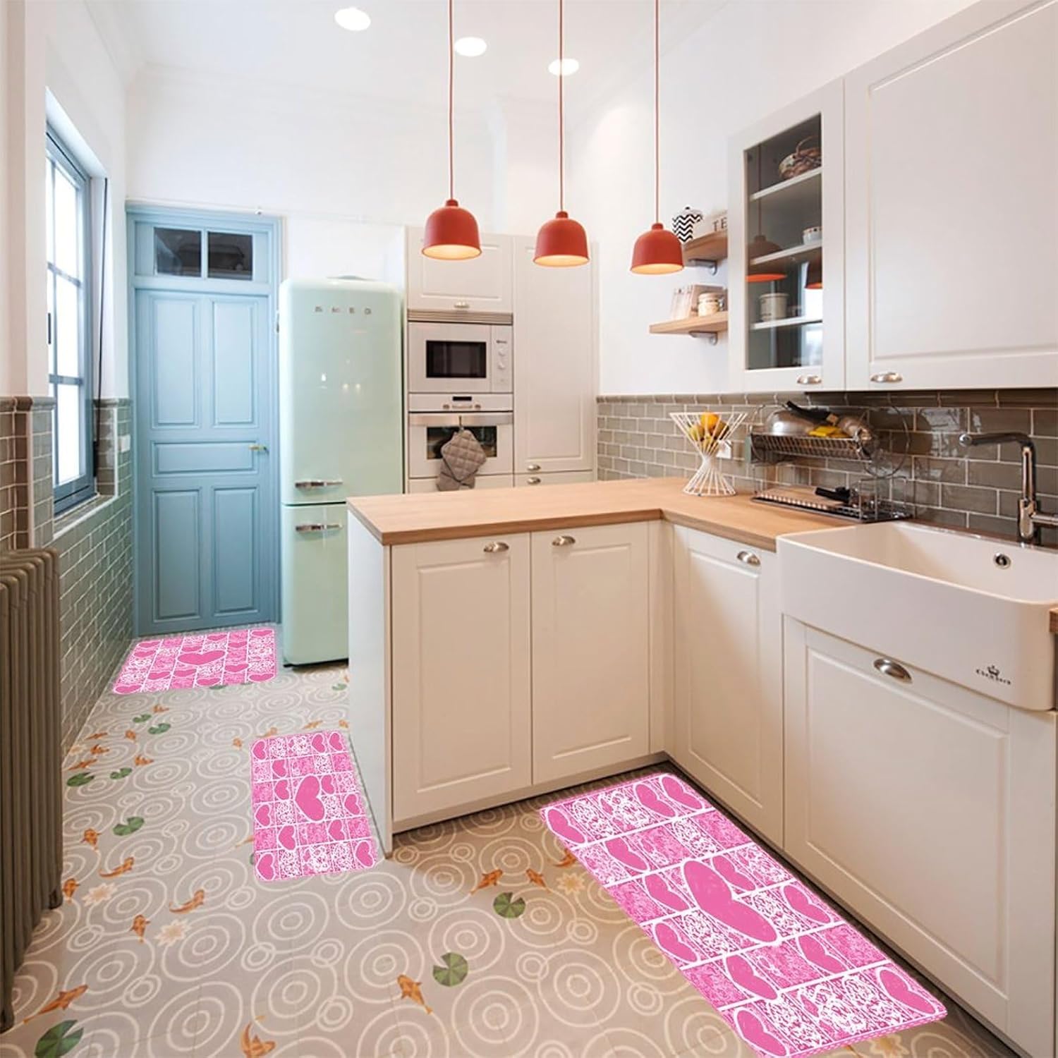 Pink White Love Heart Kitchen Mat Set of 3 Waterproof Floor Mats Non-Slip Kitchen Rugs Premium Flannel Rug Heavy Duty Standing Mat for Kitchen Home Bathroom Laundry