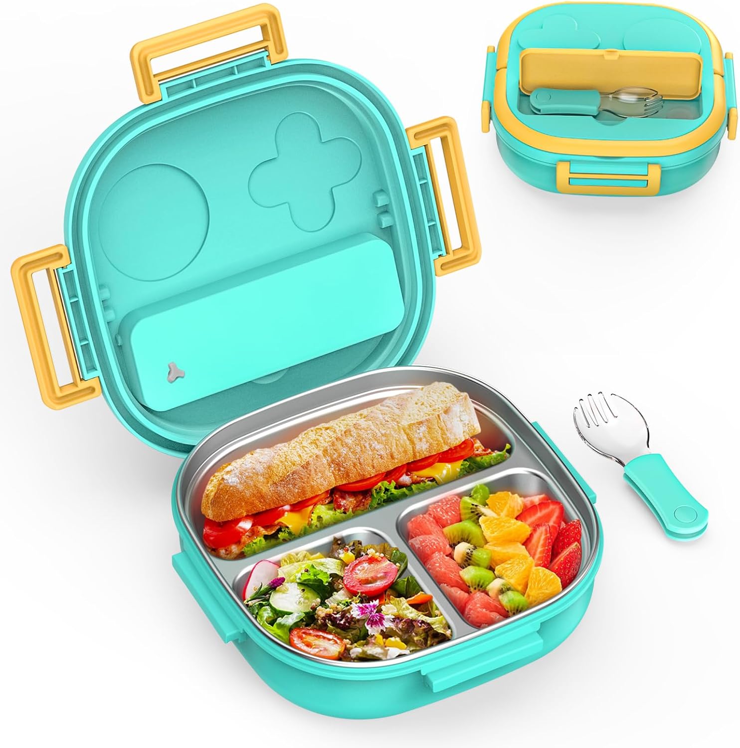 Bento Box for Kids Stainless Steel - 3-Compartment - Complete Lunch Set with Portable Utensil - Ideal for Children Under 10 Years Old - Dishwasher Safe & BPA-Free(Green)