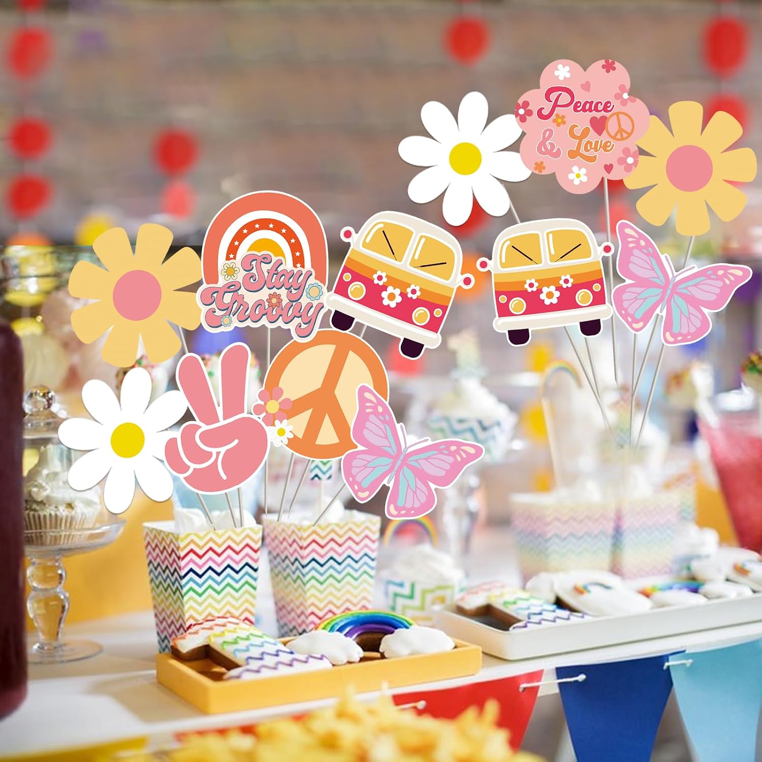Groovy Retro Hippie Party Centerpieces – 24Pcs Rainbow Butterfly Daisy Flower Table Toppers for 60’s Party, Hippie Party,Groovy One Birthday Decor & Boho Photo Props