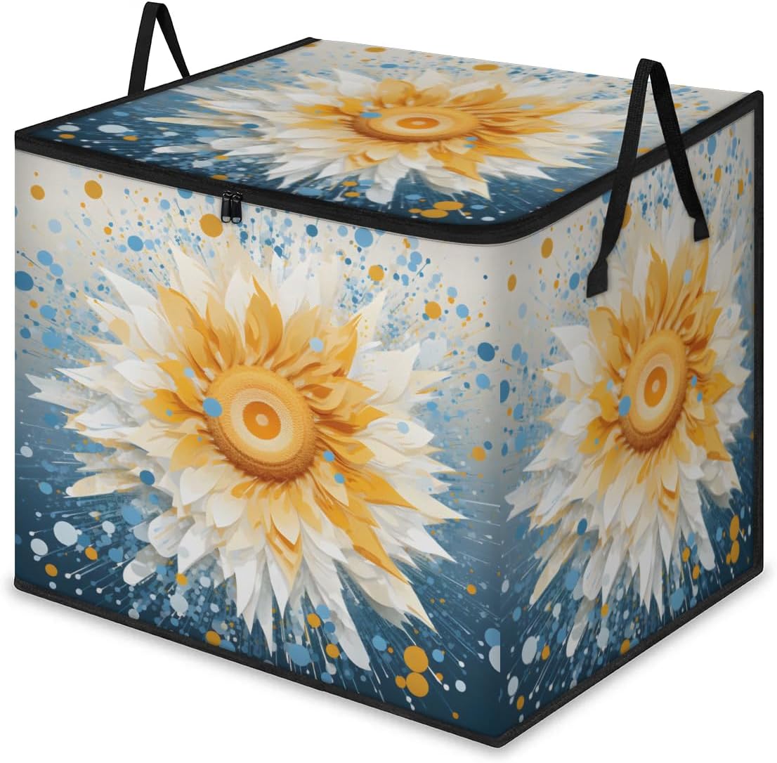 Honeybaby 214L Extra Large Comforter Storage Bag Watercolor Sunflower Storage Totes with Lids Waterproof Closet Organizer Folding Blanket Storage Bags for Clothes Bedding Pillows