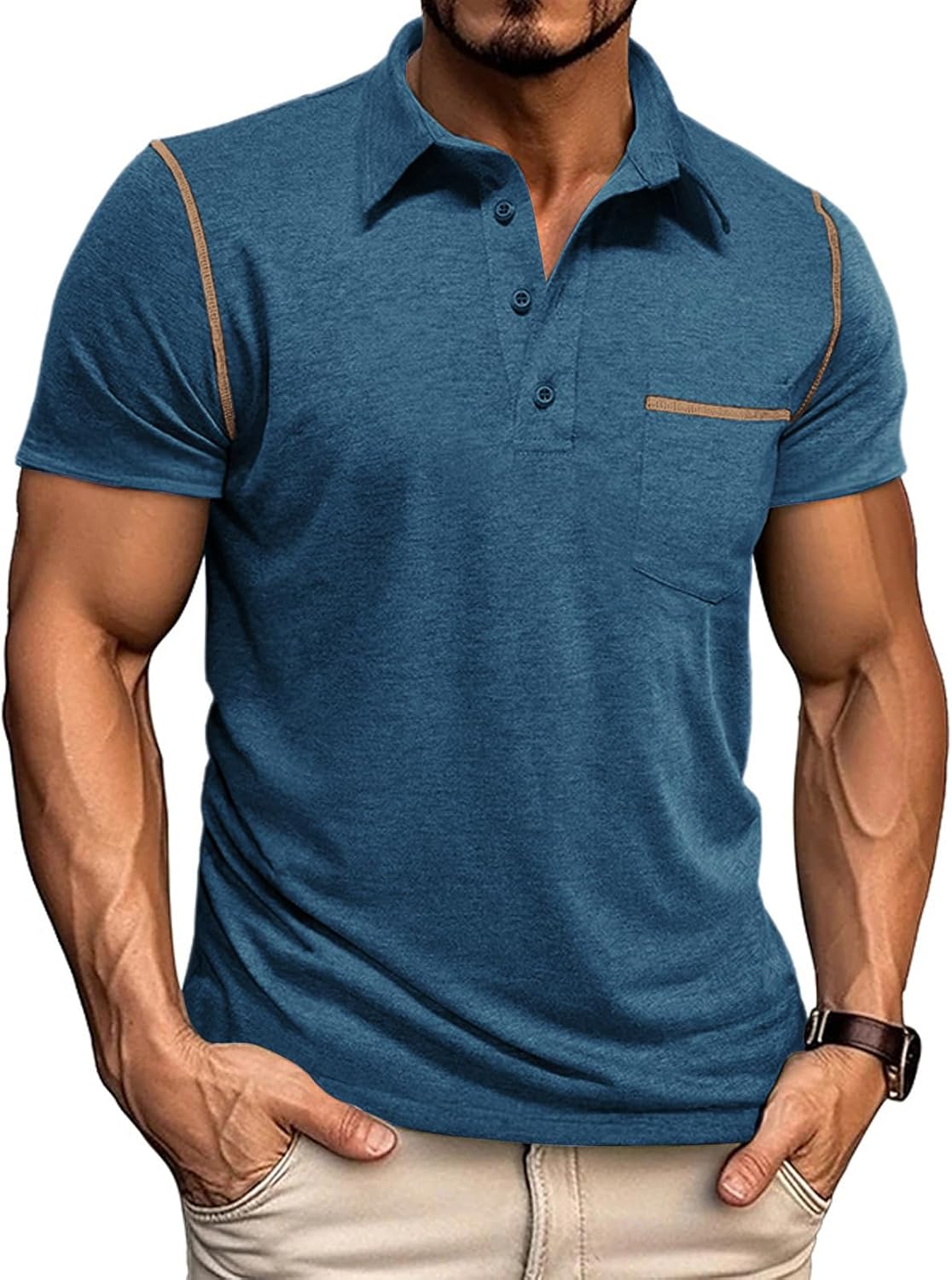 Mens Casual Polo Shirts Classic Short Sleeve Basic Golf Button Shirt with Pocket