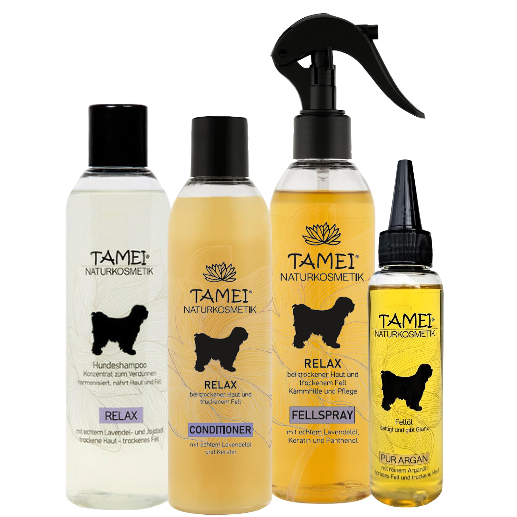 Naturkosmetik Relax 4er Set, Hundepflege mit Lavendelöl, je 250ml Shampoo, Conditioner, Fellspray und 100ml Fellöl, für Langhaar & Kurzhaar
