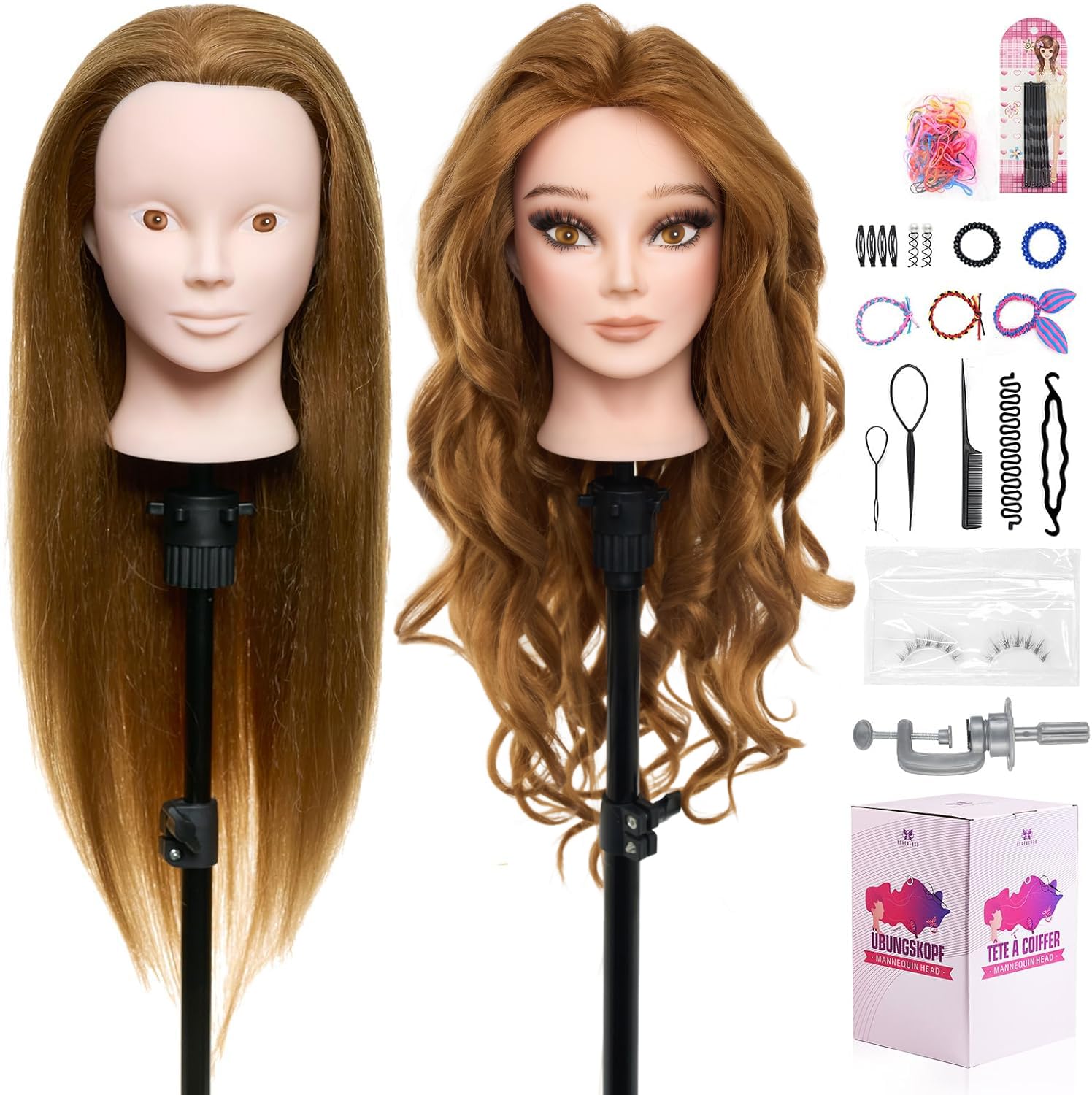 Cabeza de Peluqueria Neverland 24" 80% Pelo auténtico Practicas Formación Muñeca de la Cosmetología práctica maniquí muñeca para Peluquería con Soporte + Accesorios de Peinado DIY