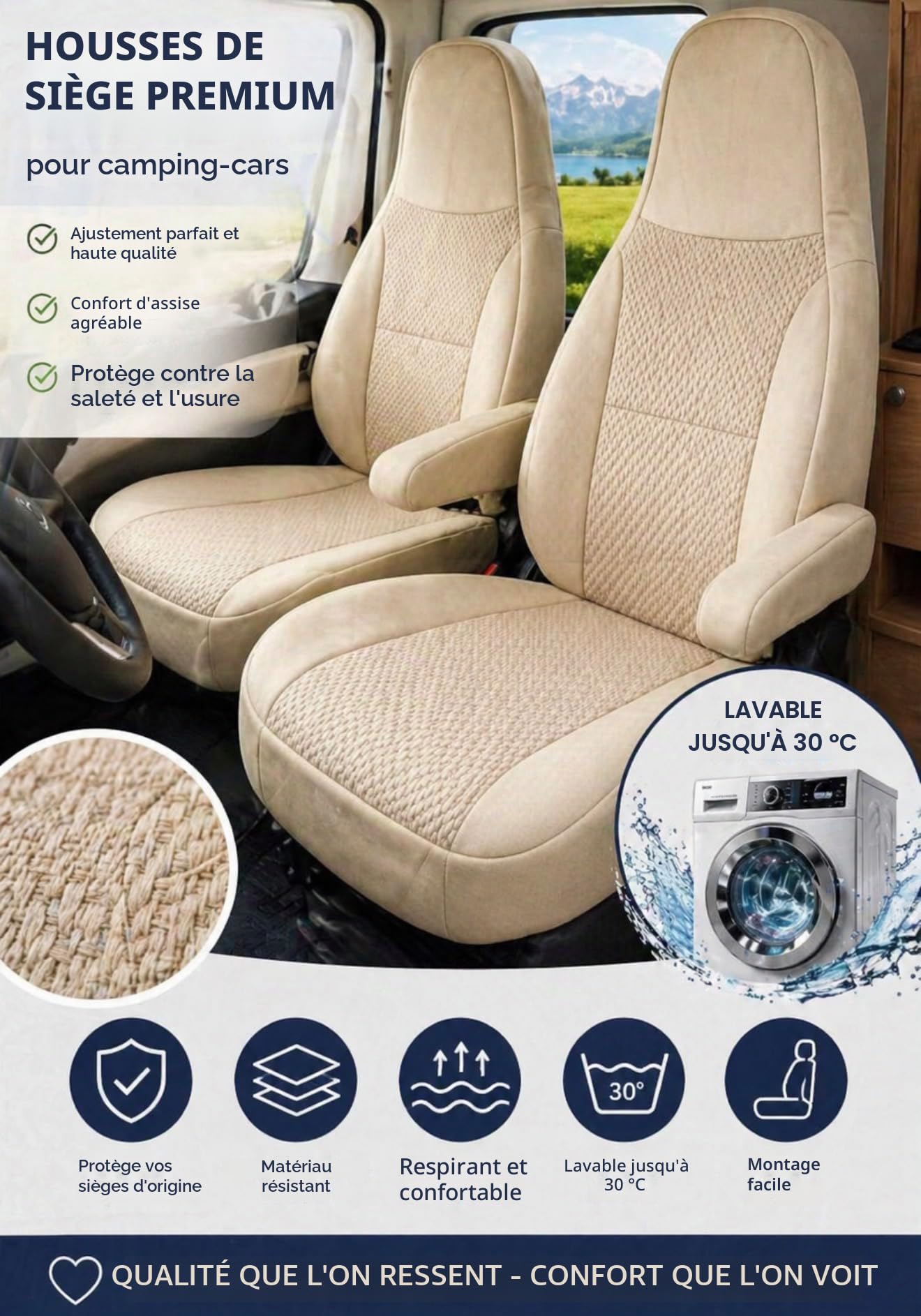 Generisch Housses de siège pour autocaravana, pilote, siège conducteur et passager, 2 places, tissus de haute qualité, lavables, lot de 1+1 (beige)