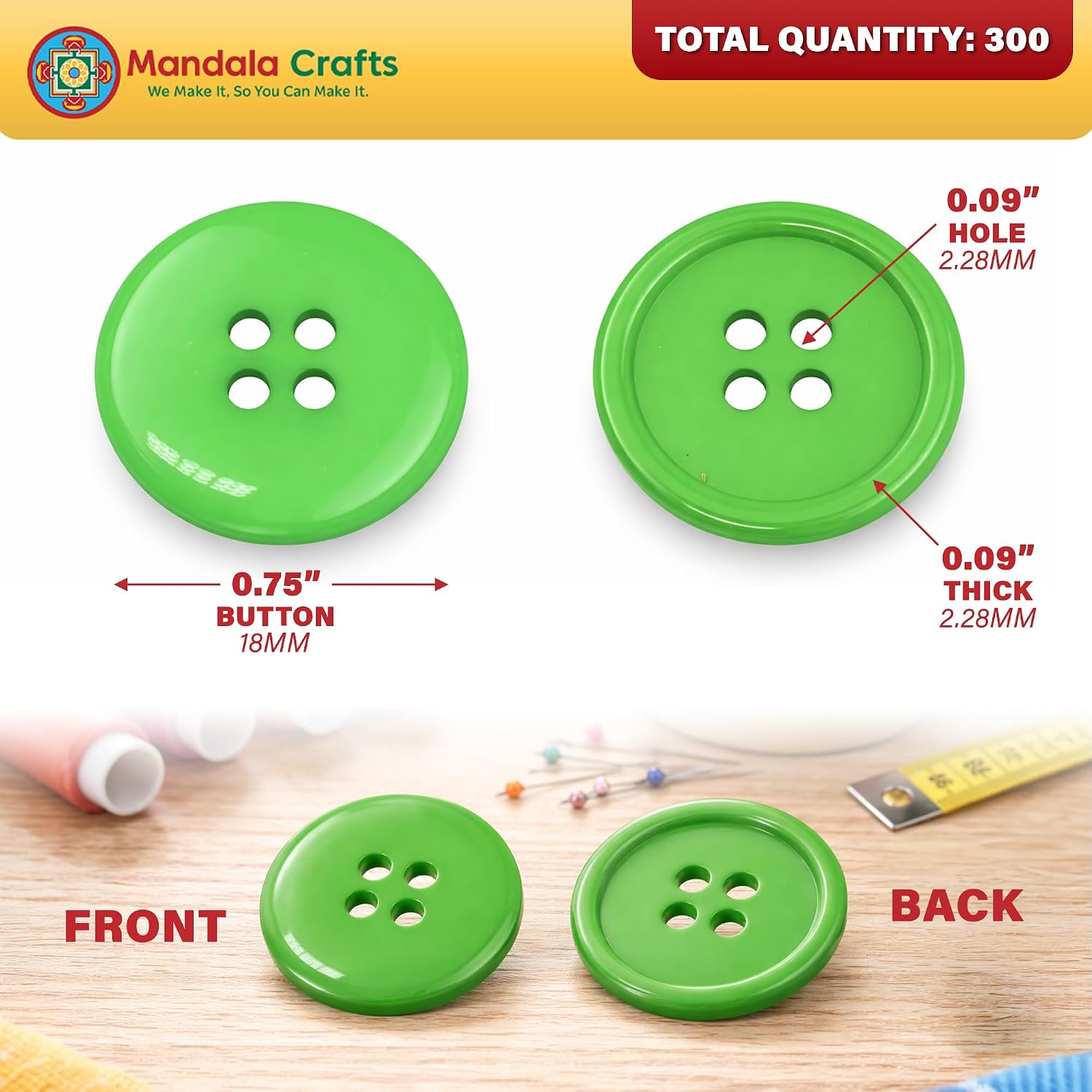 Mandala Crafts 18mm 3/4 Inch Medium Assorted Plastic Buttons for Sewing – 15 Colors 300 Round Resin Buttons Replacement with 4 Holes