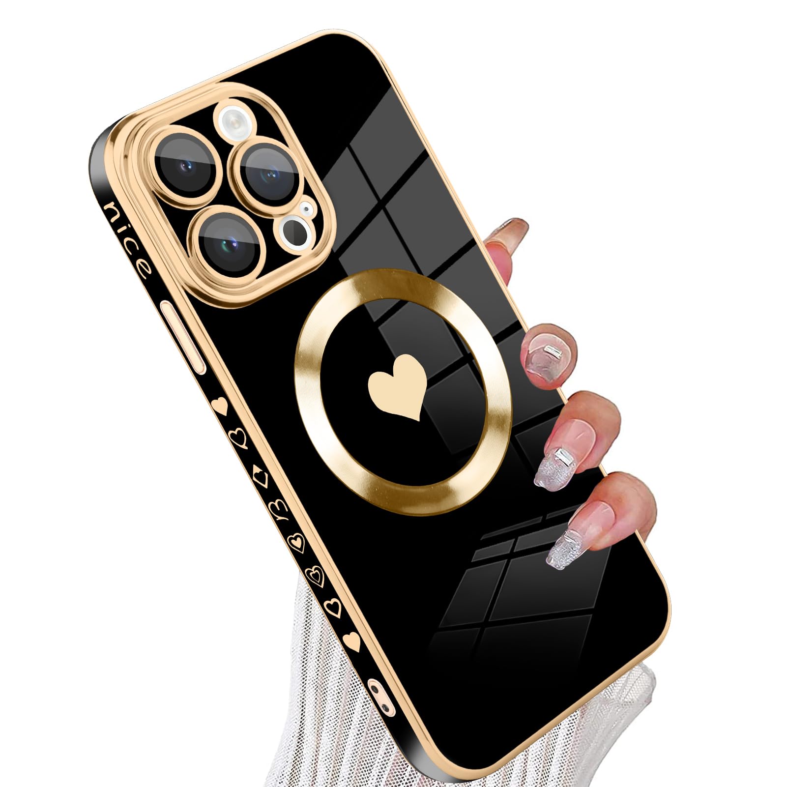 tharlet Magnetic for iPhone 13 Pro Max Case [Compatible with Magsafe] Cute Love Heart Luxury Plating Gold Edge Bumper with Full Camera Lens, Black (
