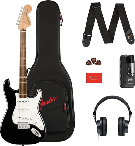 Fender Affinity Series Stratocaster Mustang Micro Pack, diapasón de laurel, negro, bolsa de concierto, HD9, EE. UU., CA, UE, AU, JP