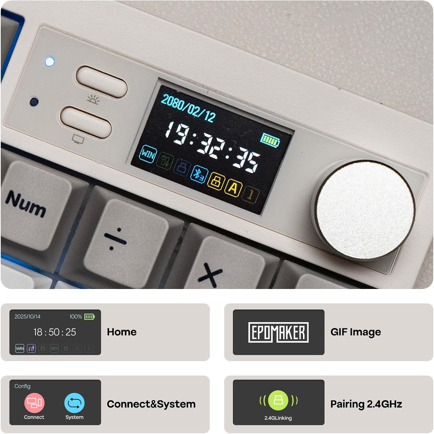 EPOMAKER QK108 Full Size Mechanical Keyboard with Screen & Knob, 8000mAh, QMK/VIA, Creamy&Thocky, Gasket, RGB Backlit, Mac Keycap, Wireless Gaming Keyboard (White Cyan, Sea Salt Silent) - Image 3