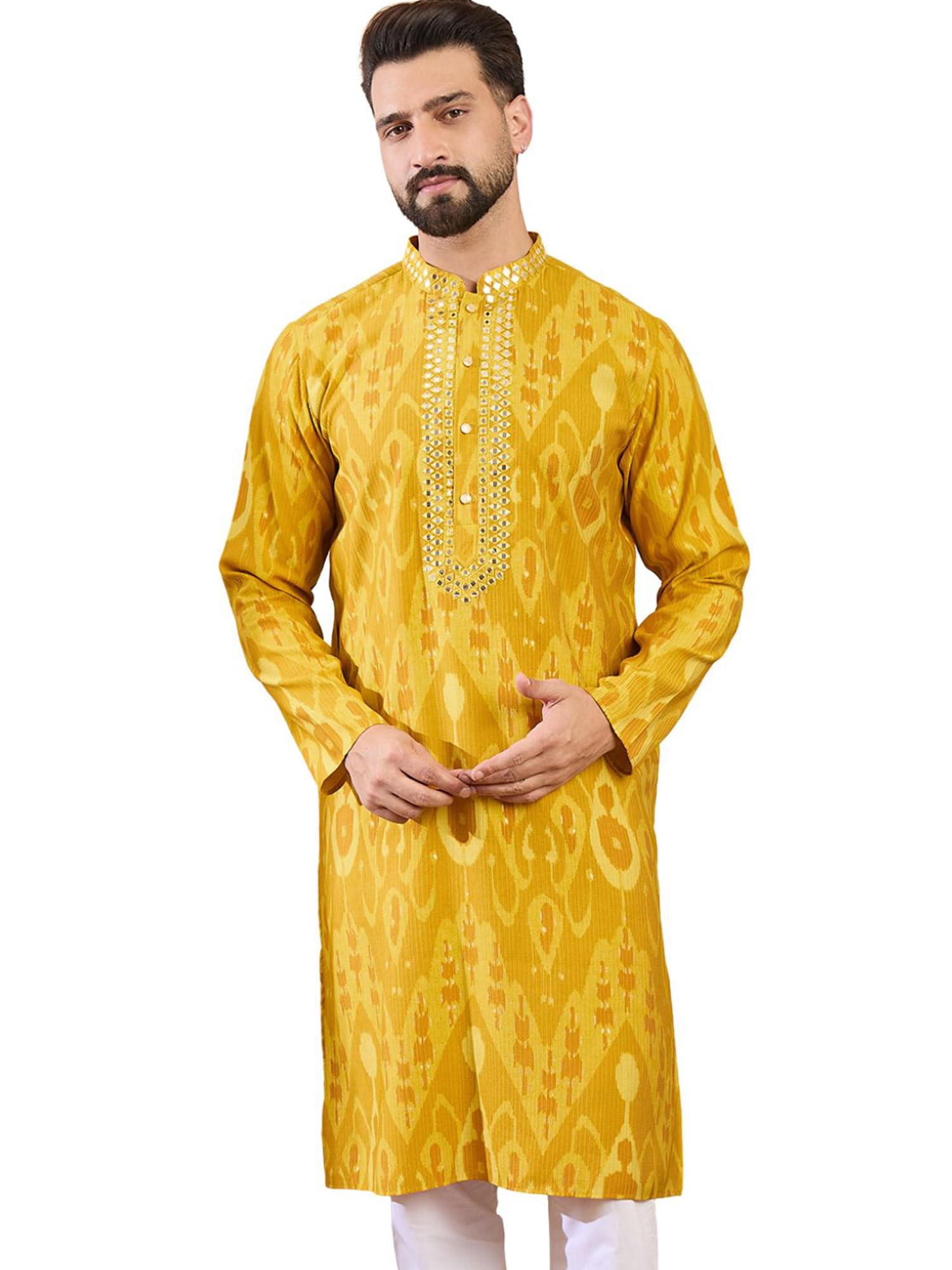 Mens Yellow Viscose Rayon Printed Chevron Calf Length Kurta | Men's | Kurta for Men | Straight Fit Kurta's for Men's-image-28