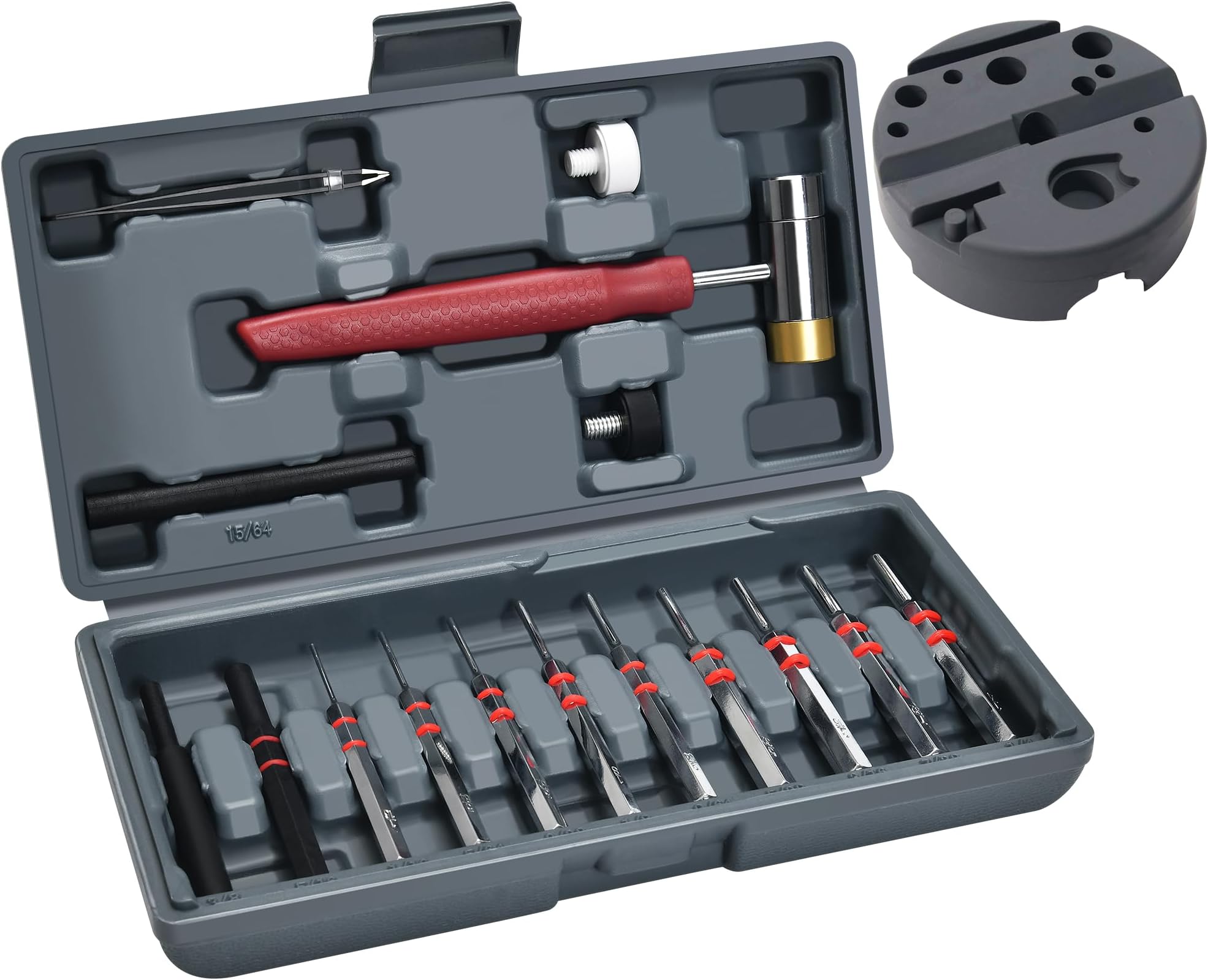 Punch Set, Steel Roll Pin Punch Set, Punch Tool, Pin Punches with 4 Interchangeable Face Hammer, Made of High-Quality Material, Mechanical Repair Tool with Bench Block and Storage Case