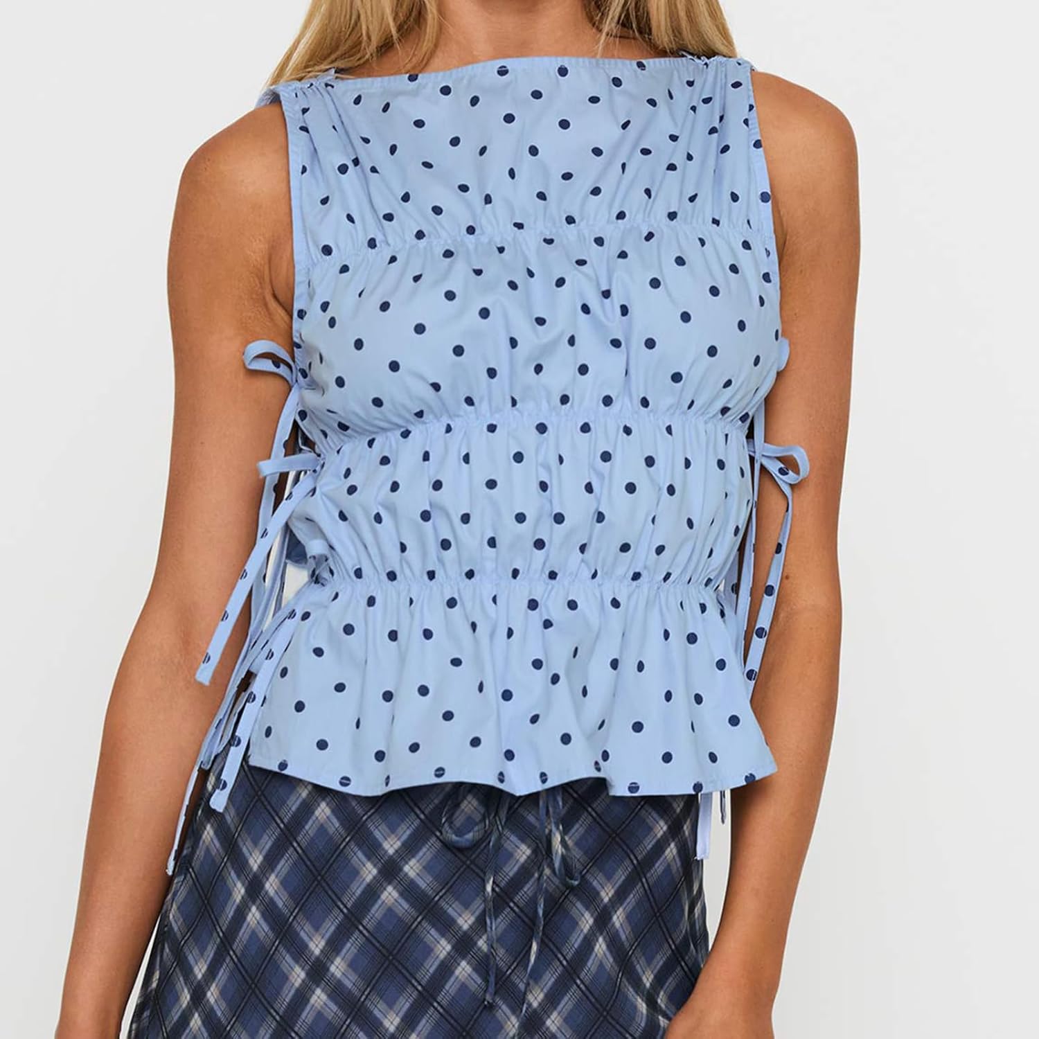 Women Y2k Smocked Tank Top Polka Dot Cute Peplum Crop Top Sleeveless Boat Neck Shirred Going Out Tops - Image 5