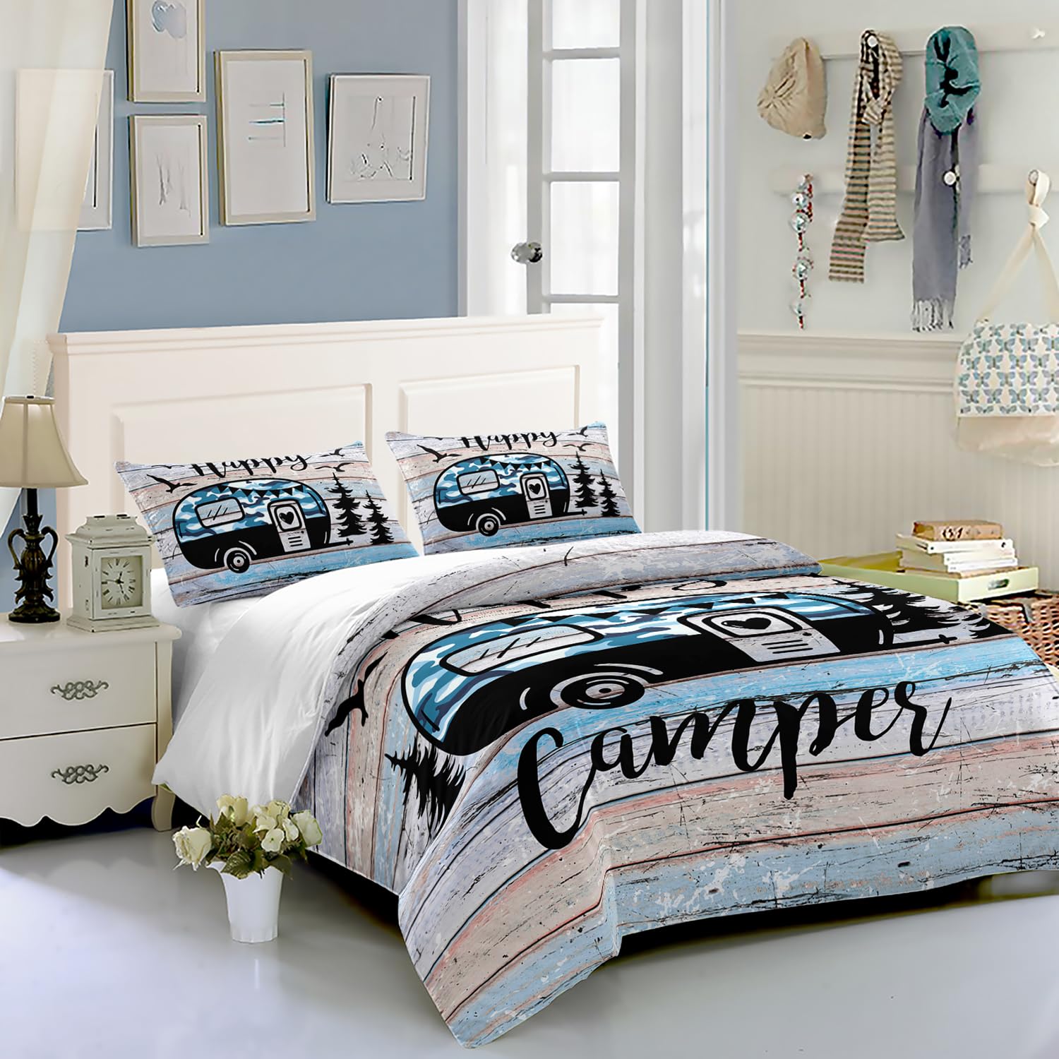 HOSIMA Set di biancheria da letto Felice Camper, 135 x 200 cm, grigio, Happy Camper, 1 copripiumino, 1 federa con cerniera, adatto per bambini, ragazzi e adulti