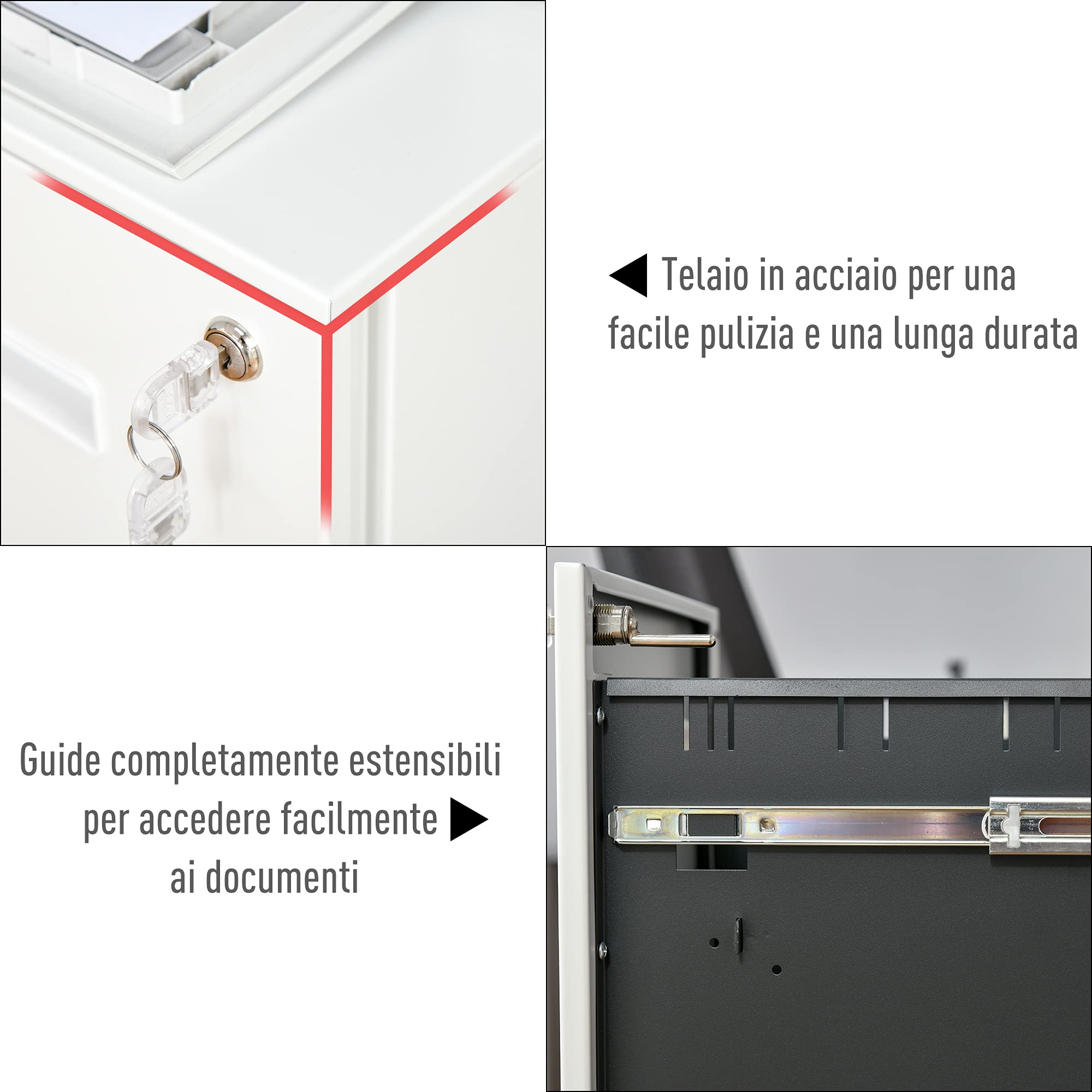 Vinsetto Cassettiera Ufficio con Ruote e 2 Cassetti 39x48x67cm Bianco | Schedario Portadocumenti, Serratura e 2 Chiavi, in Acciaio