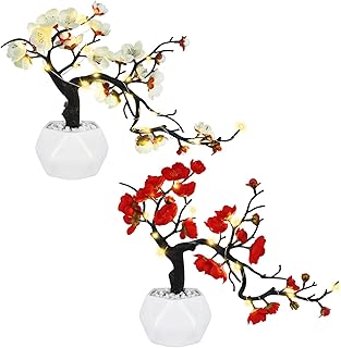 Artflower Plum Blossom Artificial Silk Flowers 2 Pack Simulation Flower with Ceramic Vase Fake Plant Potted Arrangement fo...