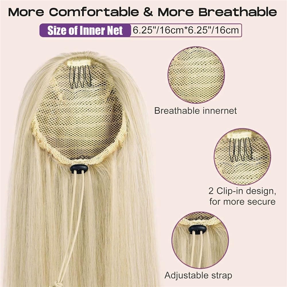 Extensión de cola de caballo, Extensión de cola de caballo con cordón y clip for mujer - Postizo liso de rubio castaño dorado(22inch)