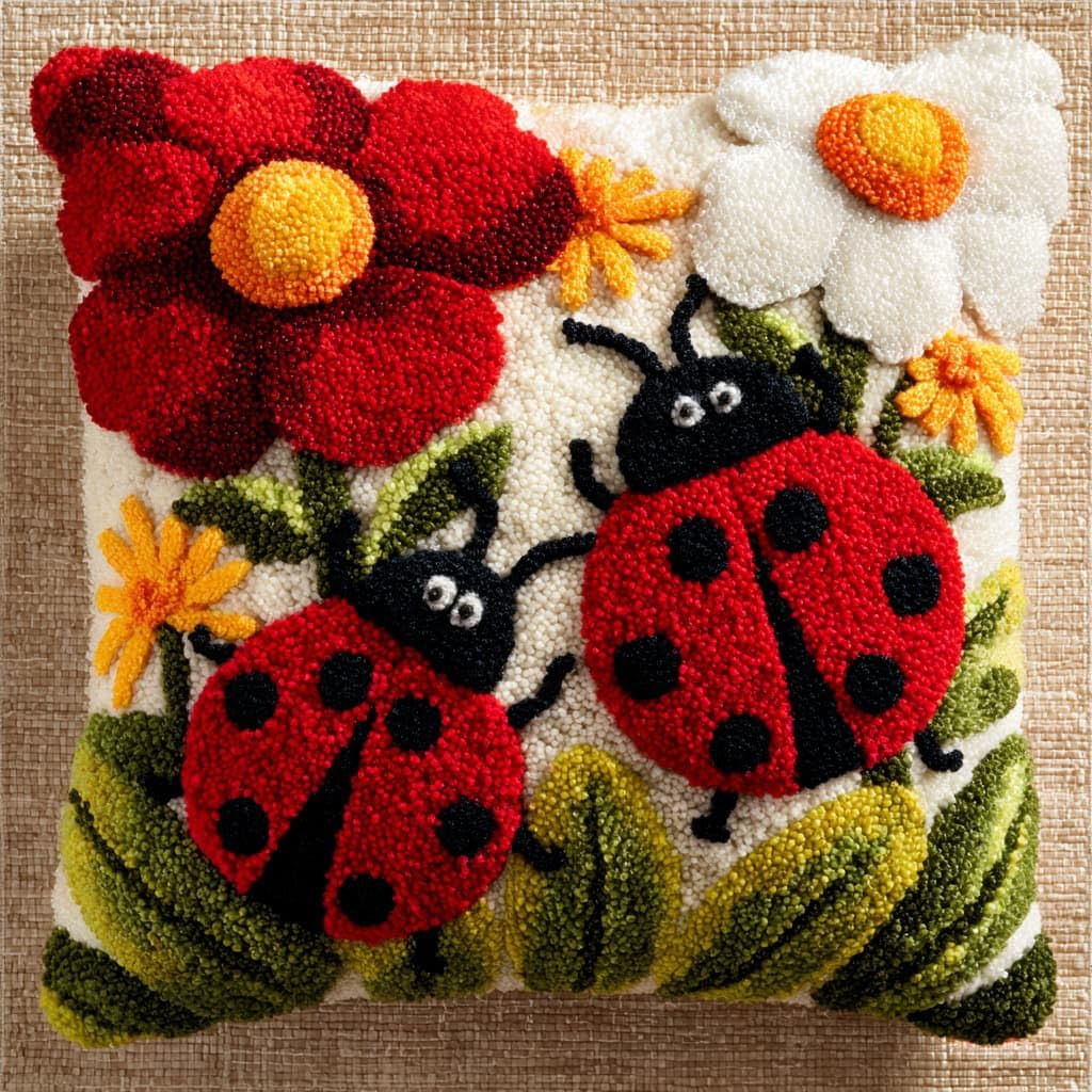 Henypt Latch Hook Kits Pillow Flowers and Ladybugs