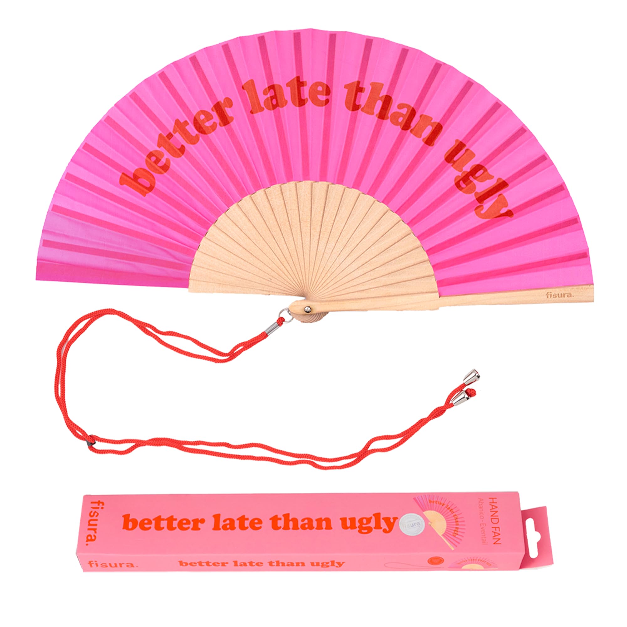 Fisura – Original Folding Handheld Fan with Fun Message “Better Late Than Ugly”, Wooden Folding Fan for Women, Pink & Red Design with Hanger for Wedding, Rave, Festival - Size: 42.5 x 23 cm