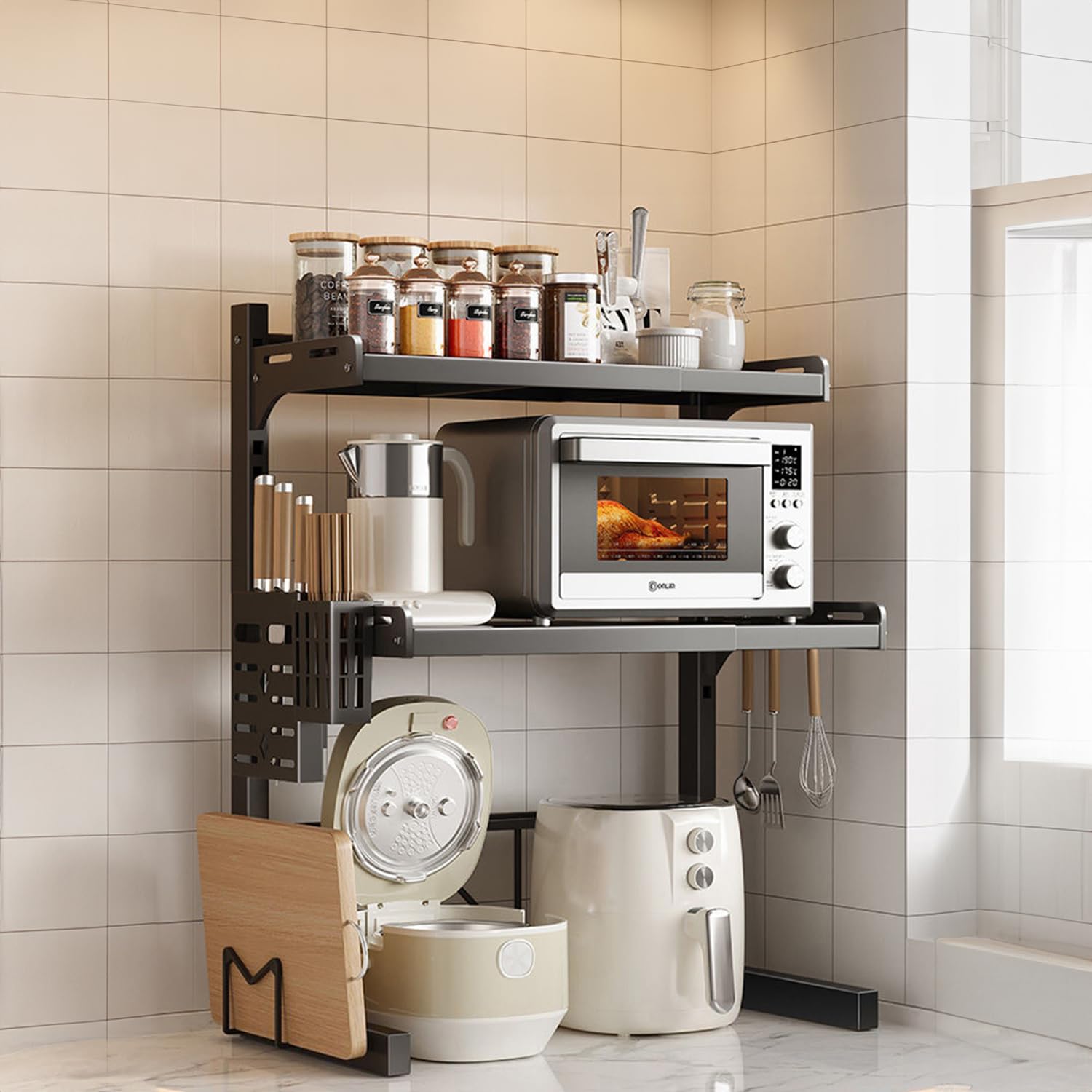 Jorunb Microwave Oven Rack with 6 Hook,Expandable Shelf for Kitchen Counter, Microwave Stand Countertop Organizer for Kitchen Counter (black-03)