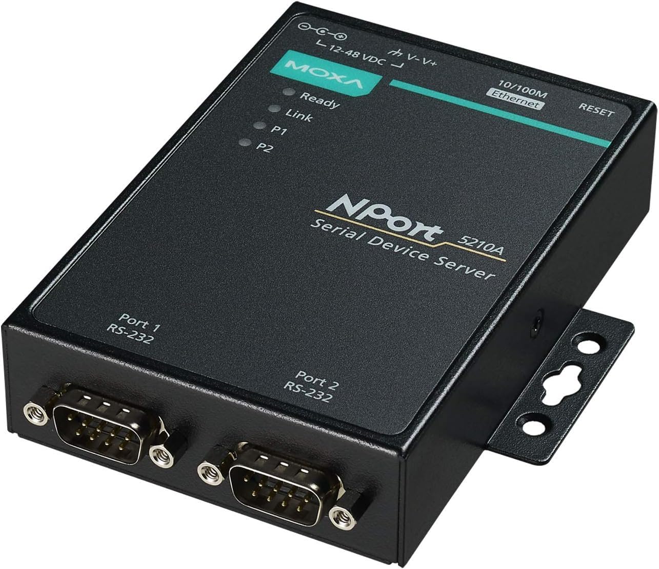NPort 5210A 2 Ports Device Server, 10/100M Ethernet, RS-232, DB9 Male, 15KV ESD, 0.5KV Serial Surge, 12~48VDC, 0~60°C with Adapter