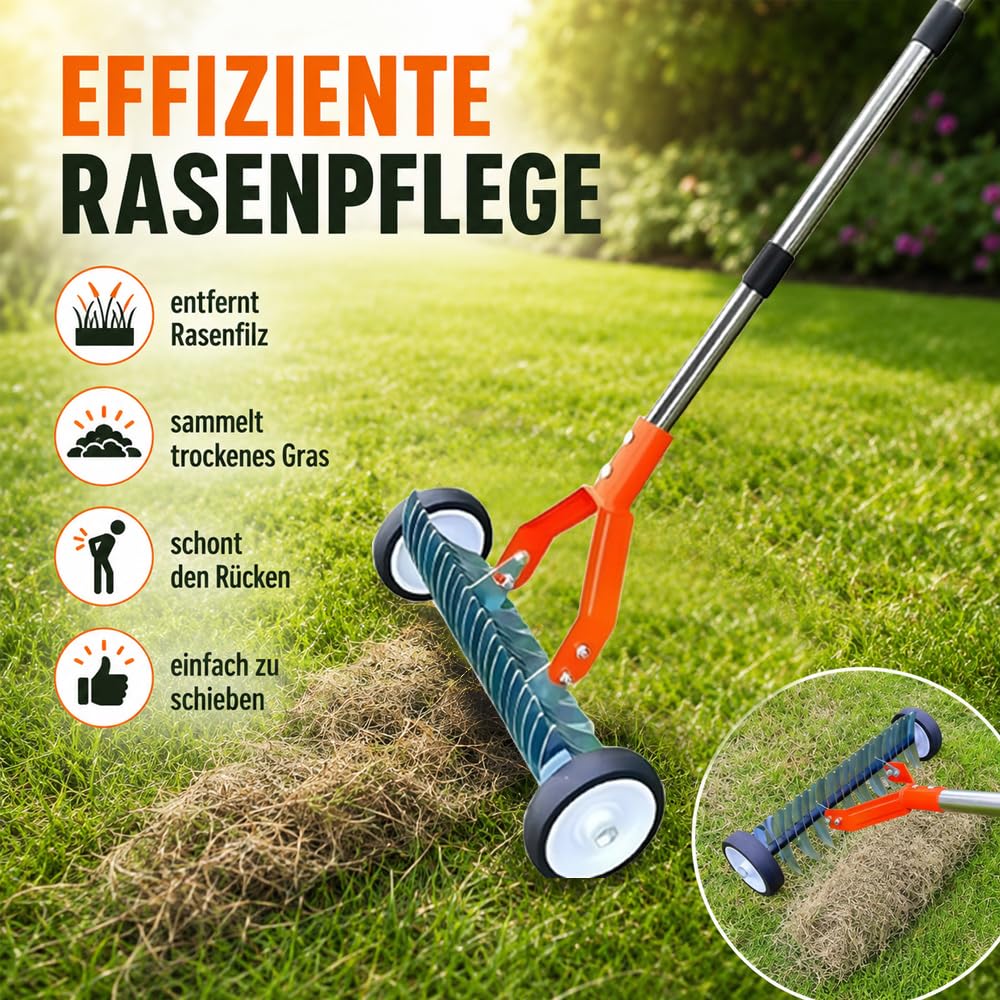 Scarificateur Manuel avec Roues,Verticuteur à Manche de 163 cm,Aérateur de Gazon avec Rouessac à déchets de Jardin,Grattoir de Jardin en Métal,Amovible, Verticuteur Réglable,Houe de Scarification