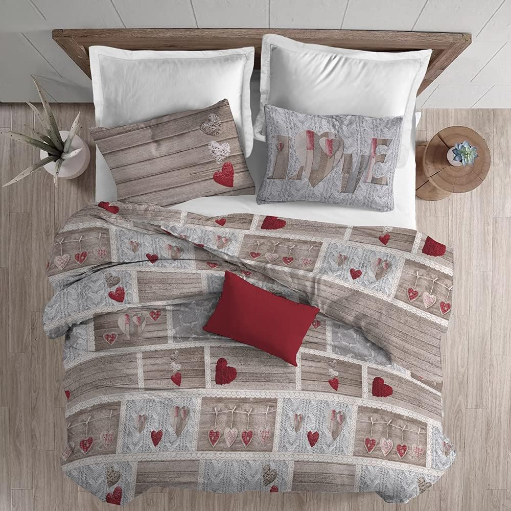 PELLECCHIA 1969 | Parure Copripiumino Matrimoniale 100% Cotone, Completo di Sacco 250x200cm e 2 Federe 52x82cm, Made in Italy Fantasia (Shabby Love Rosso, Matrimoniale)