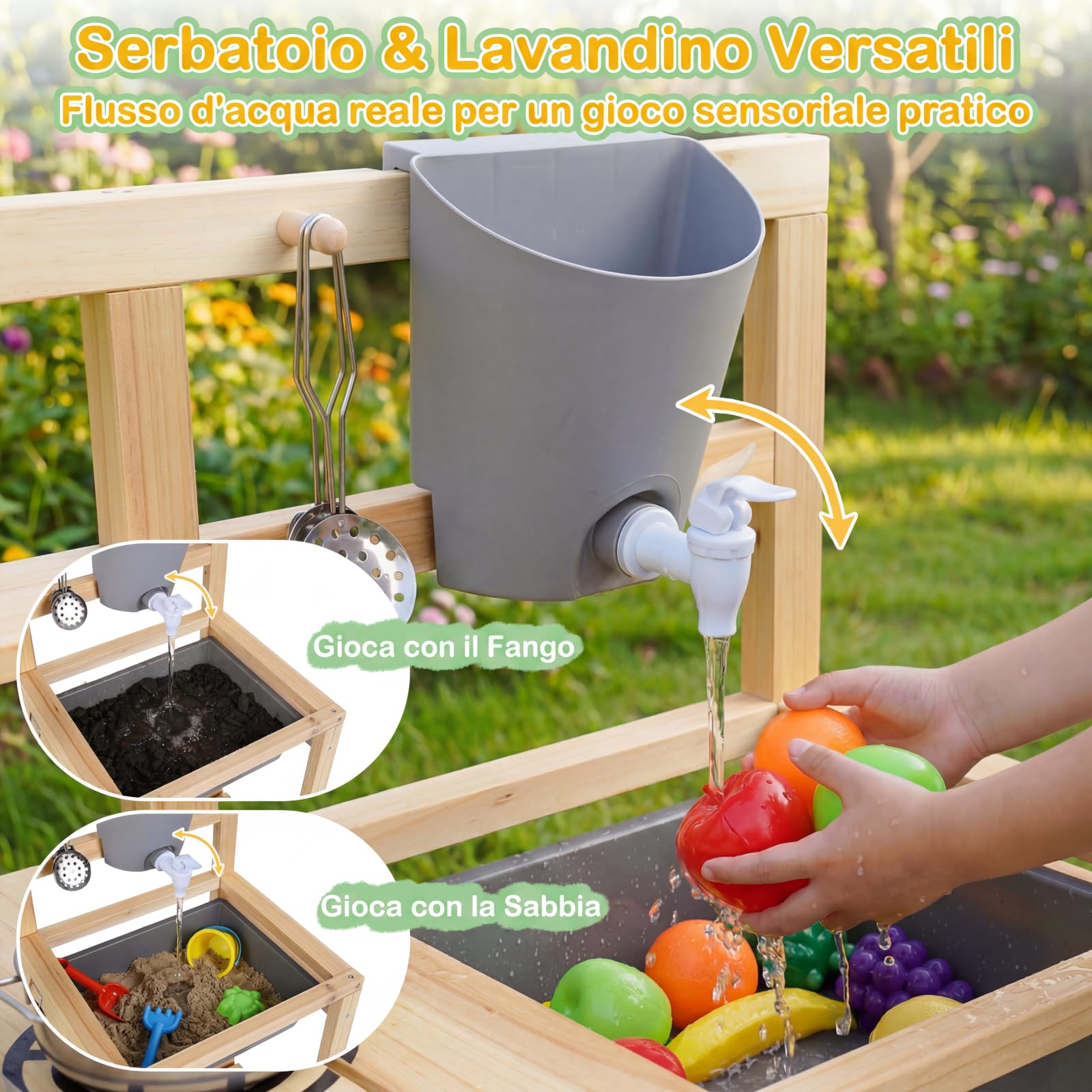 COSTWAY Cucina per Bambini in Legno, Cucina di Fango da Esterno con Serbatoio, Lavello, 12 Vasi di Fiori Rimovibili, Lavagna, Ripiano Inferiore e Accessori per Cucinare per Bambini 3+ Anni