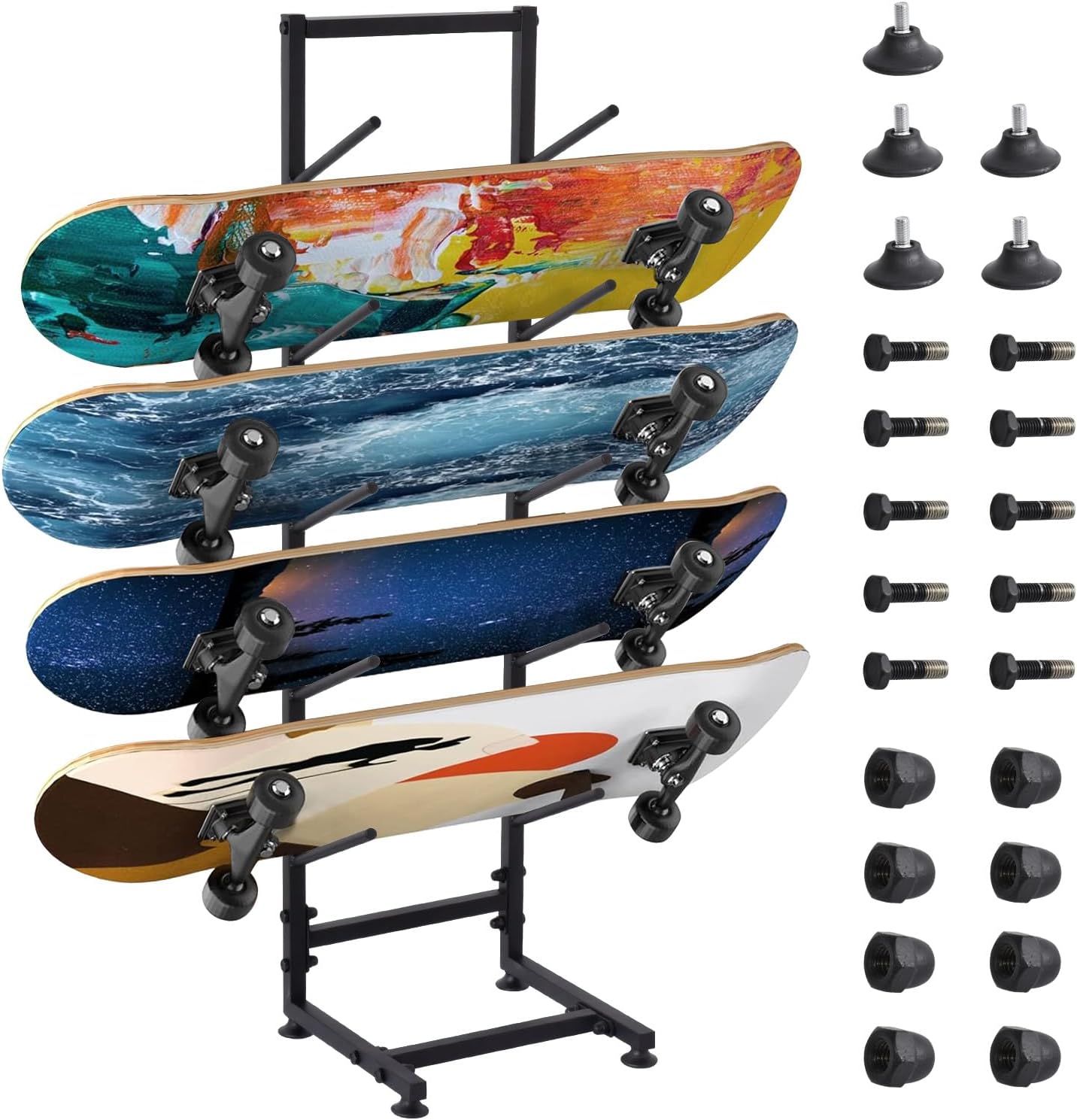 5-Tiers Skateboard Racks Floor Stand, Free Standings Water Ski Rack Wakeboard Rack, Standing Skateboard Display Stand, Single Sided Floor Skateboard Organizer Racks