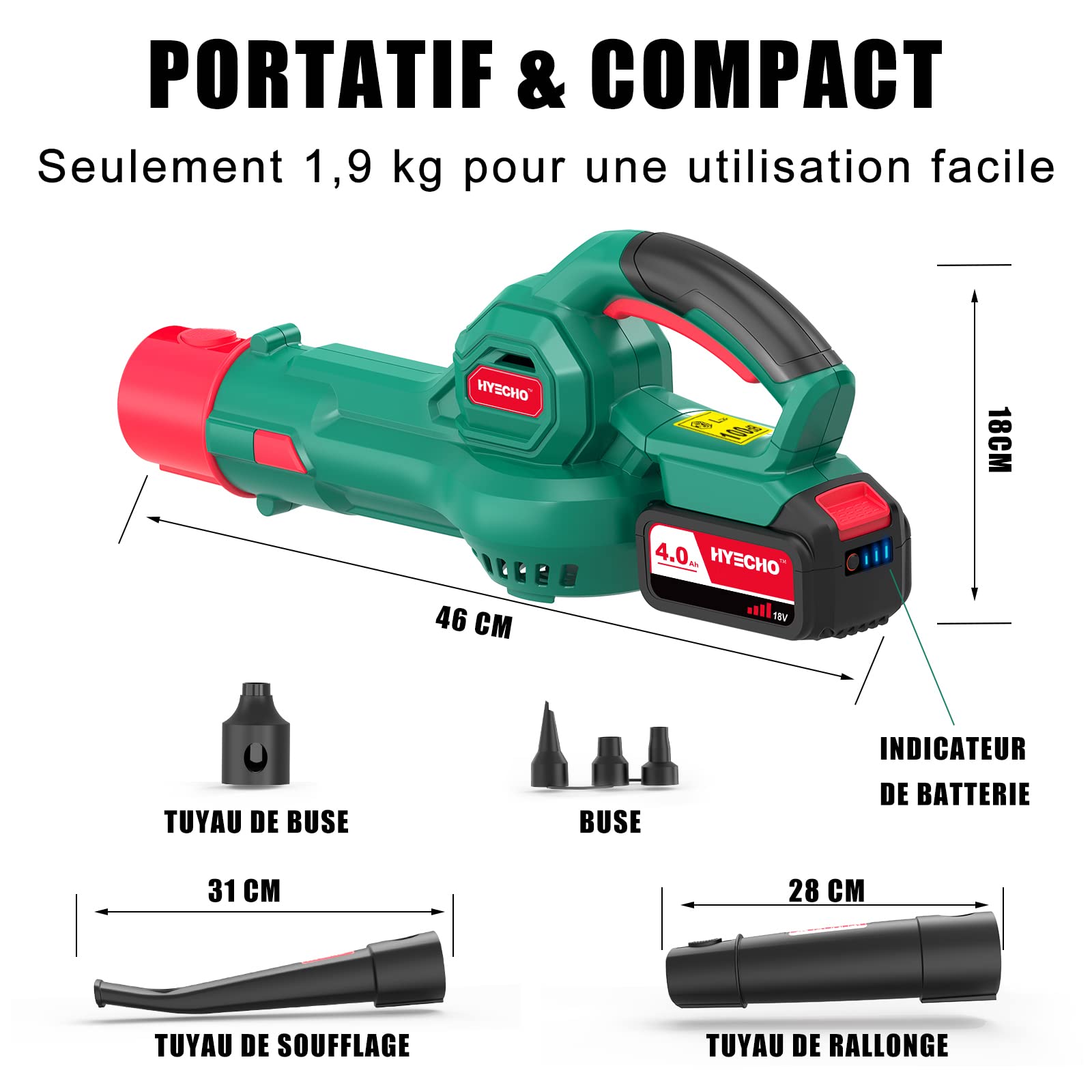 Souffleur Batterie, 223km/h Souffleur de Feuilles, 18V 4,0Ah Batterie, avec Buse de Gonflable 3pcs, Souffleur sans Fil Légère et Ergonomique, Idéal pour Le Jardin