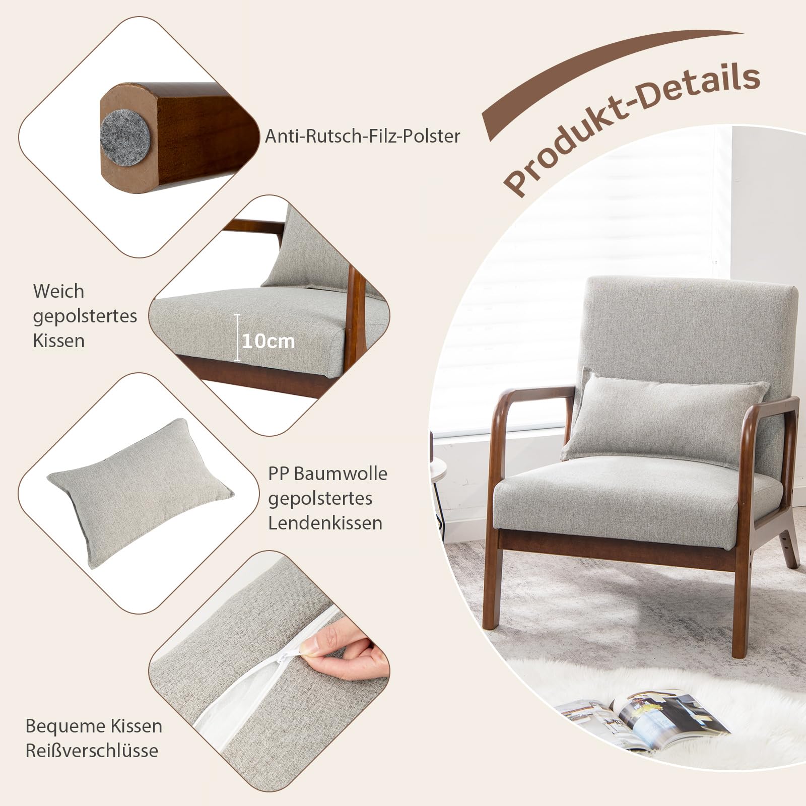 COSTWAY Fauteuil d'Accent en Cannage Bohème - Dossier Incliné à 105°- Chaise de Lecture pour Salon et Chambre, Noyer - Maison
