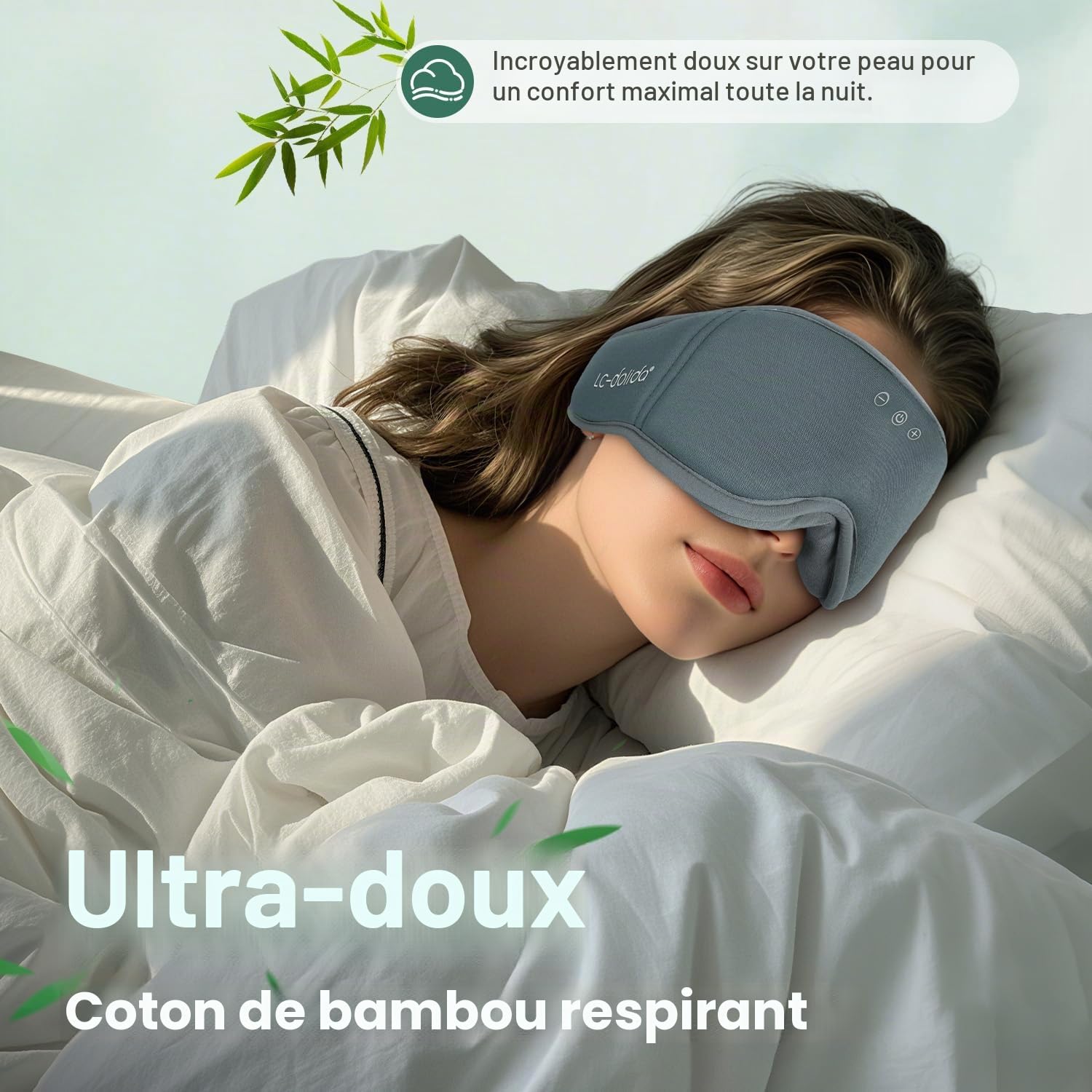 LC-dolida Casque de sommeil Bluetooth 3D naturel en bambou et coton | Masque pour les yeux zéro pression et 100 % occultant pour les personnes dormant sur le côté, voyage et sieste au bureau | Sommeil