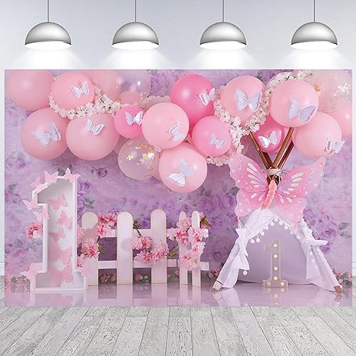 Miniatura 6 de Fondo de fotografía floral de jardín con globos rosados, diseño de mariposas y flores, para el primer cumpleaños de las niñas, con texto en inglés