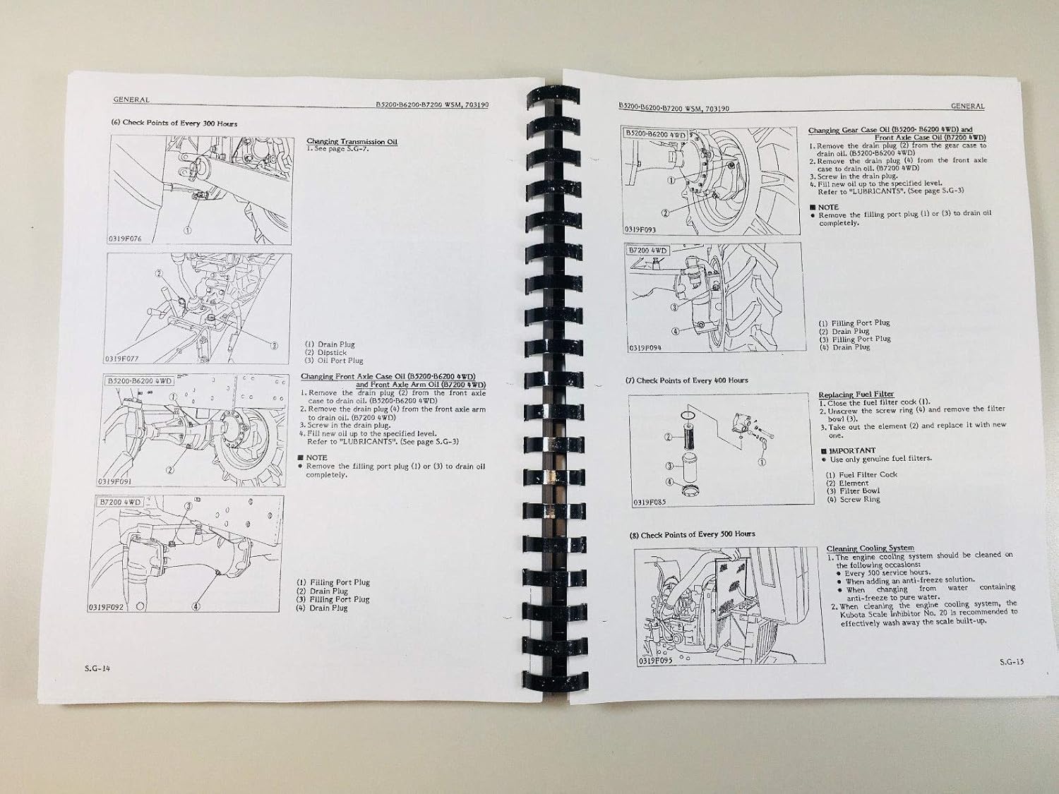 Manual pages detailing general check points for the tractor at 200, 400, and 500 hours, including instructions for changing transmission oil, replacing fuel filter, and checking the cooling system.