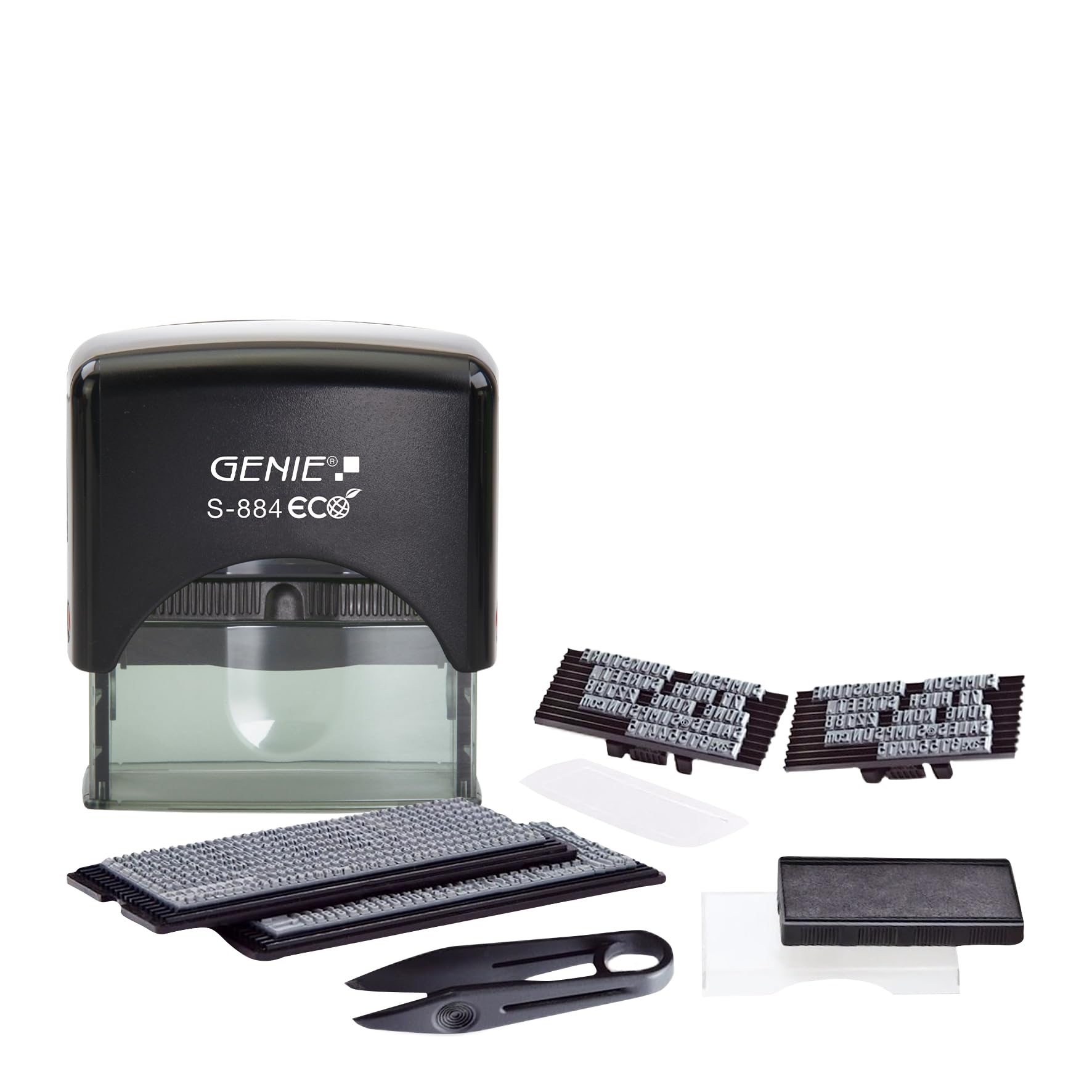 GENIE Jeu de tampons S-884 ECO avec encreur | d'adresse, automatique, d'entreprise, auto-encreur | Mini appareil de bureau | Robuste et personnalisable