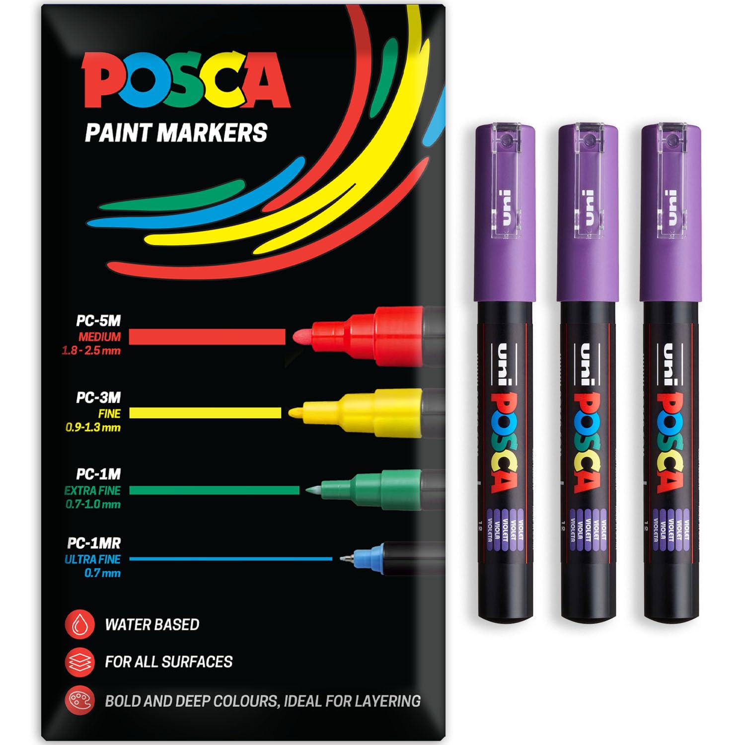 Posca Water Based Acrylic Paint Marker Pens | Multi Surface Use Permanent Paint Pen | Pack of 3 Pens in Envelope Gift Packaging | Glass, Fabric, Canvas, Wood etc | PC-1M, Violet — image 1