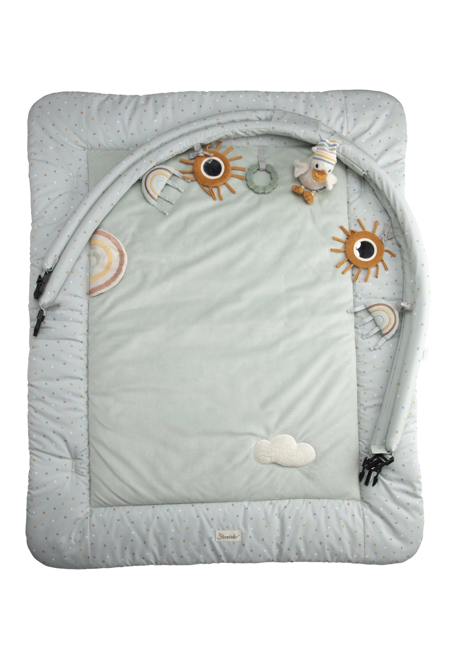 Spielbogen Ente Edda Lou, Baby Krabbeldecke 80 x 100 cm mit abnehmbarem Spielzeug und Kuscheltier, Spieldecke