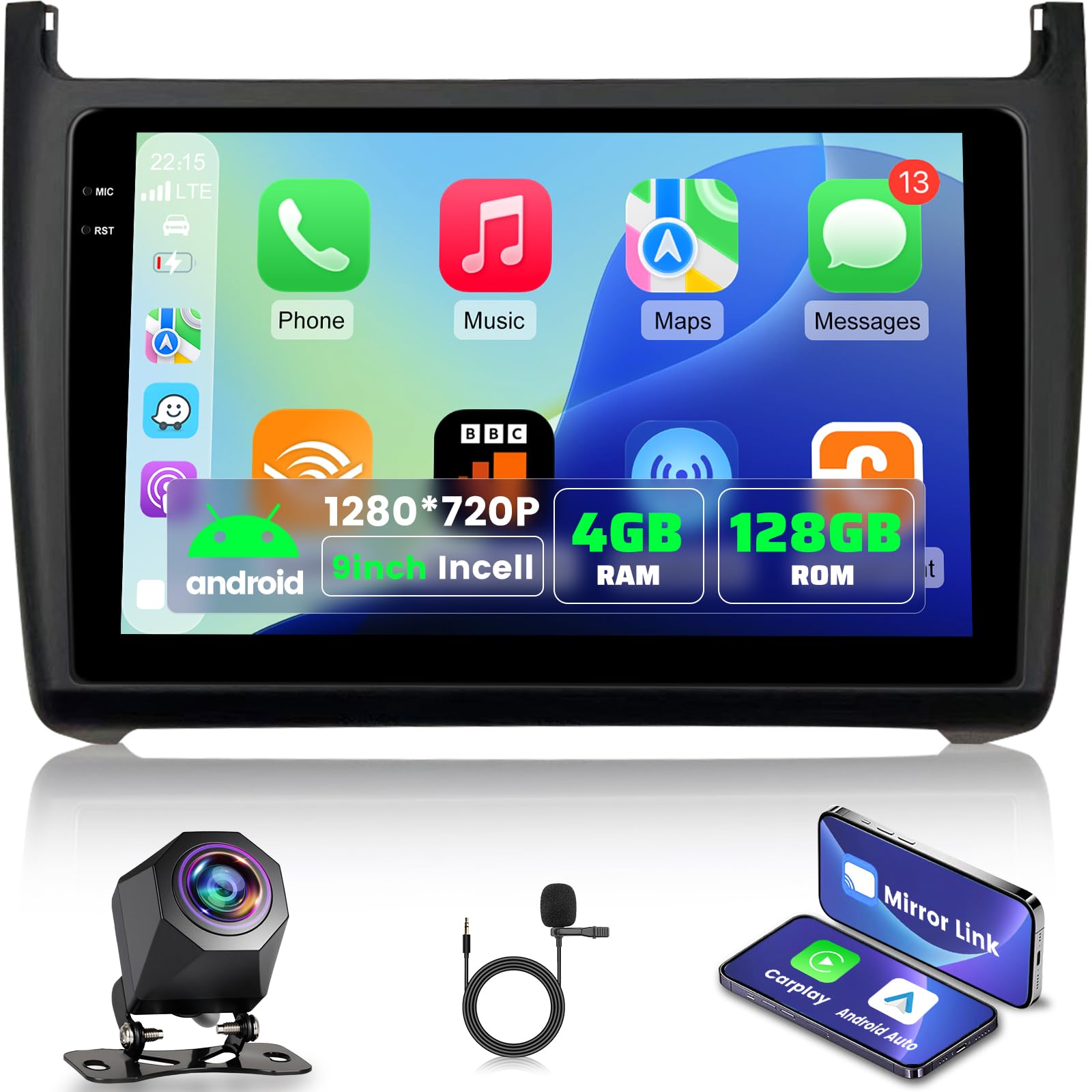 NHOPEEW 4+128G Android Radio para Coche para VW Polo 6R 2009-2017 con Carplay y Android Auto - Pantalla incell de 9 Pulgadas Compatible con WiFi GPS Control en el Volante + Cámara de Marcha atrás