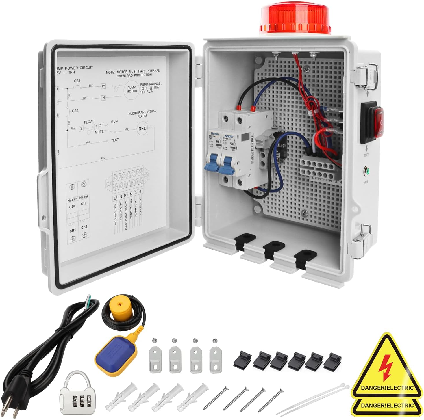 Septic Pump Alarm System with Float Switch, Audible and Visual Alert, Pump Control Box