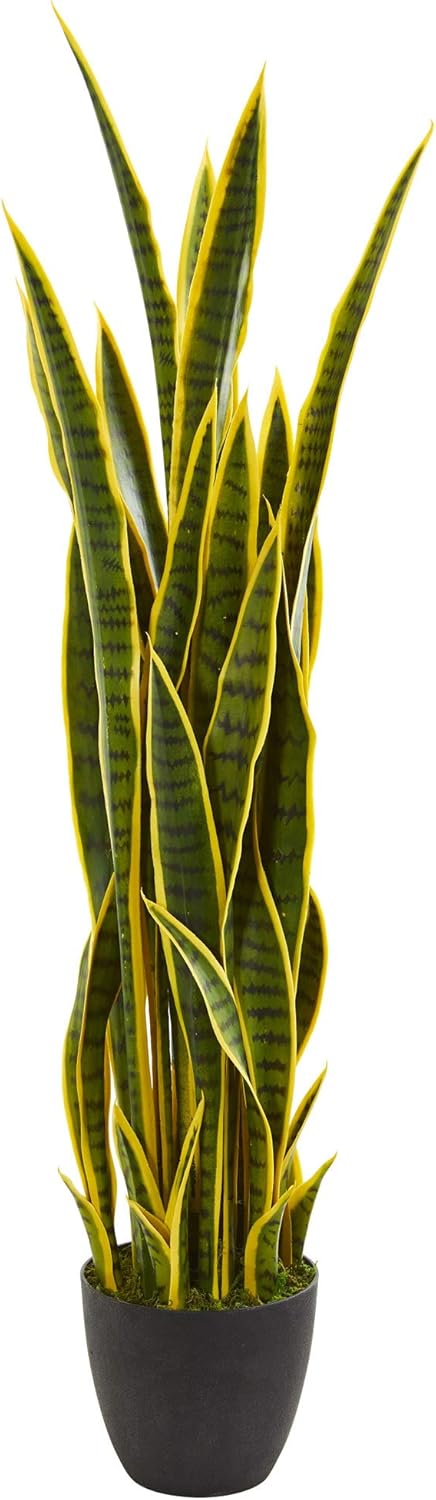 Nearly Natural 4-ft Artificial Tall Snake Plant Sansevieria, Yellow Faux Snake Plant for Indoor Home Decor in Black Decorative Planter, 48-in Large Fake Plant for Office, Living Room, Bedroom
