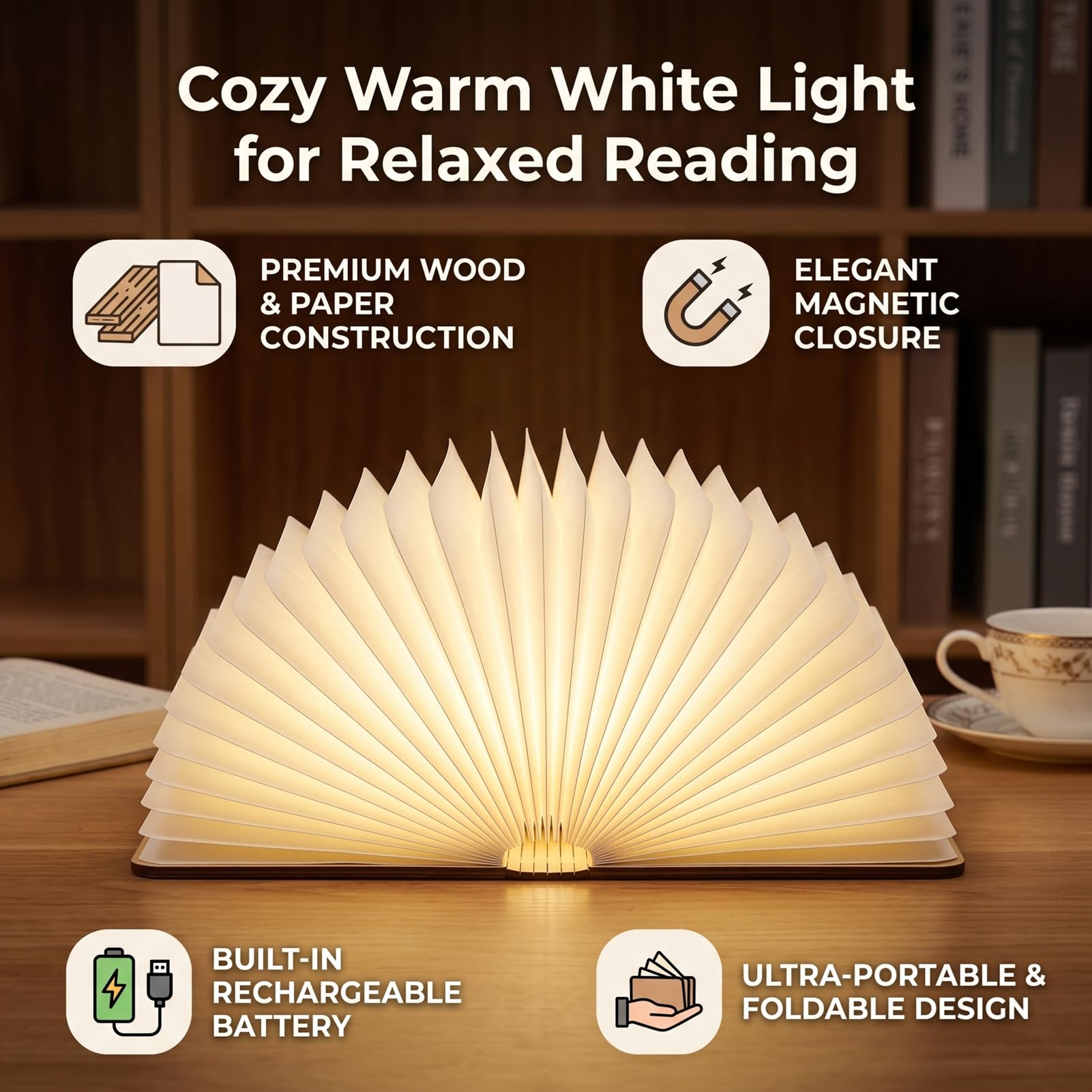 Klappbare Buchlampe aus Holz, 3000 K Bis 3500 K Warme LED | Einstellbares warmweißes Licht, Magnetverschluss, 1200 mAh, wiederaufladbarer Akku Typ C, 3,94 x 5,71 Zoll, für Frauen
