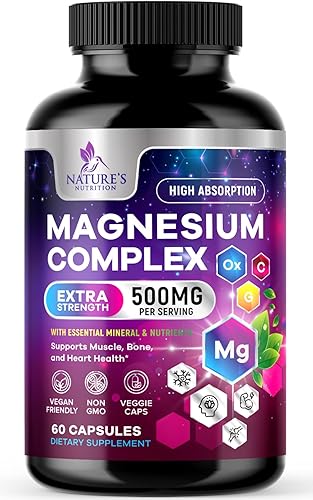 Suplemento complejo de magnesio de 500 mg - Glicinato de magnesio quelado de alta absorción, malato y citrato y más, sin gluten, vegano, cápsulas de