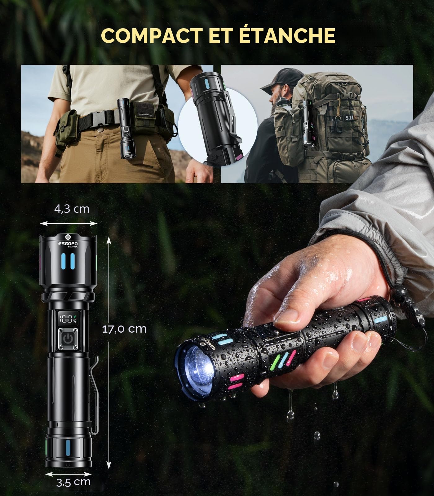 Esgofo Lampe Torche LED Ultra Puissante 1000000 Lumens, Lampe de Poche LED Rechargeable USB C Longue Distance Tactique Zoomable 3 Modes de Longue Durée 15H, pour le Camping Randonnée D'urgence