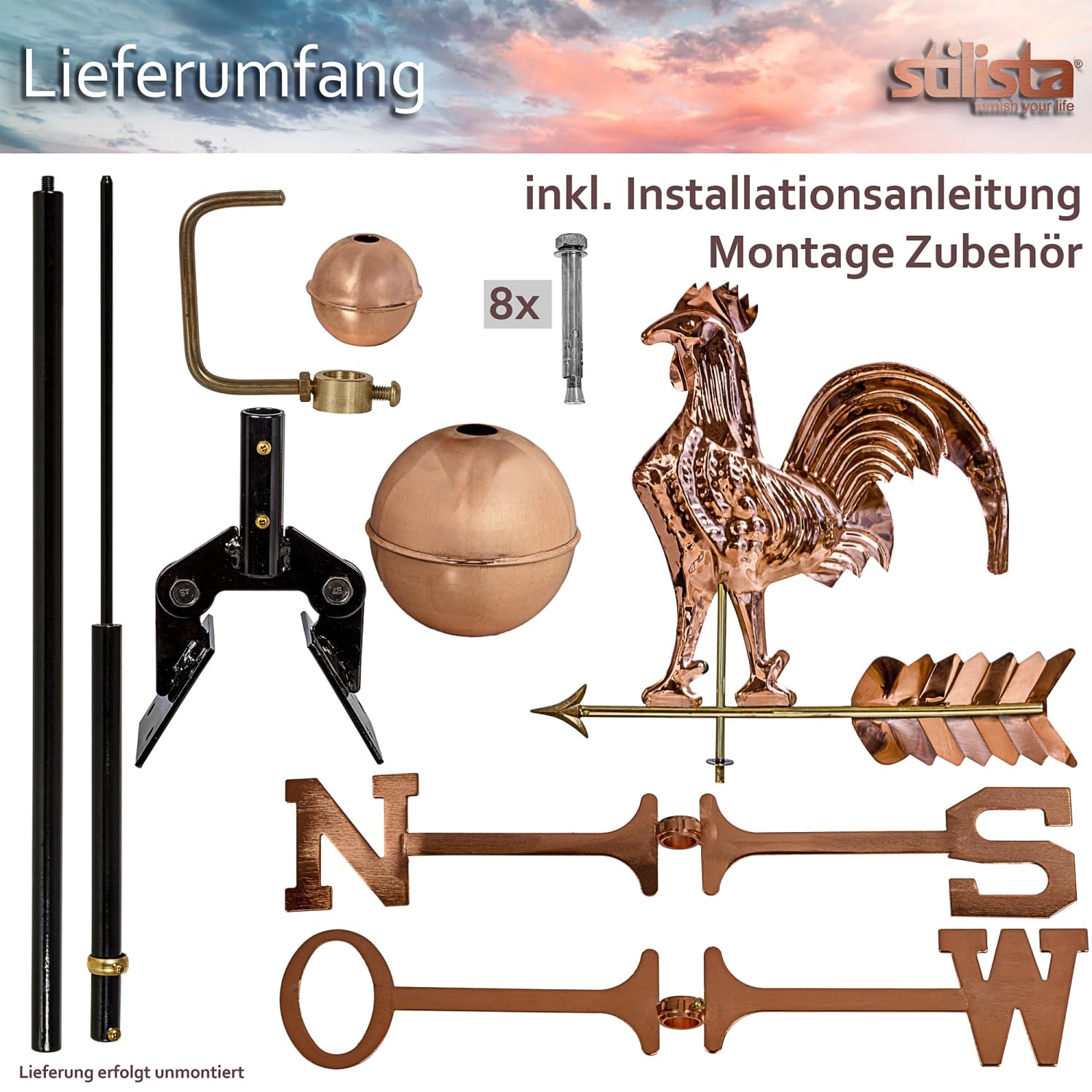 STILISTA Wunderschöner großer 3D Relief Wetterhahn aus Kupfer mit Fuß Wetterfahne Gesamthöhe 133cm, Gewicht 4kg