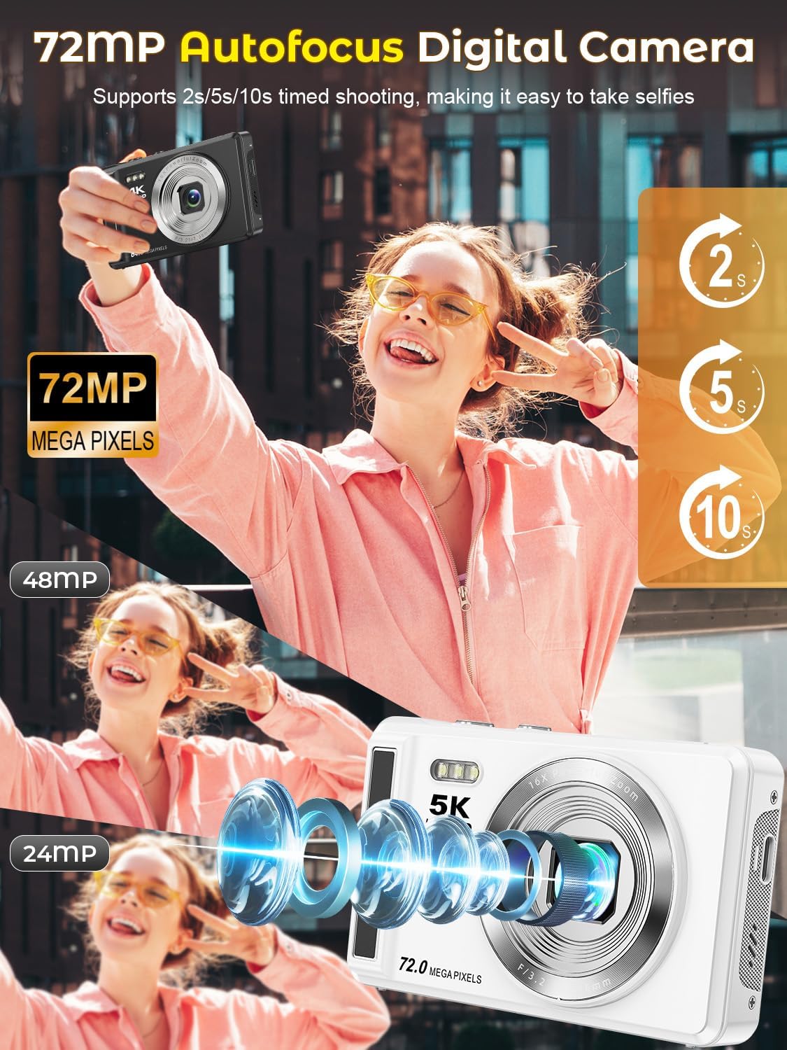 デジタルカメラ、写真用5Kデジタルカメラ、72MP Vlogカメラ、2.8インチスクリーン付き、16倍ズームUHDオートフォーカスビ