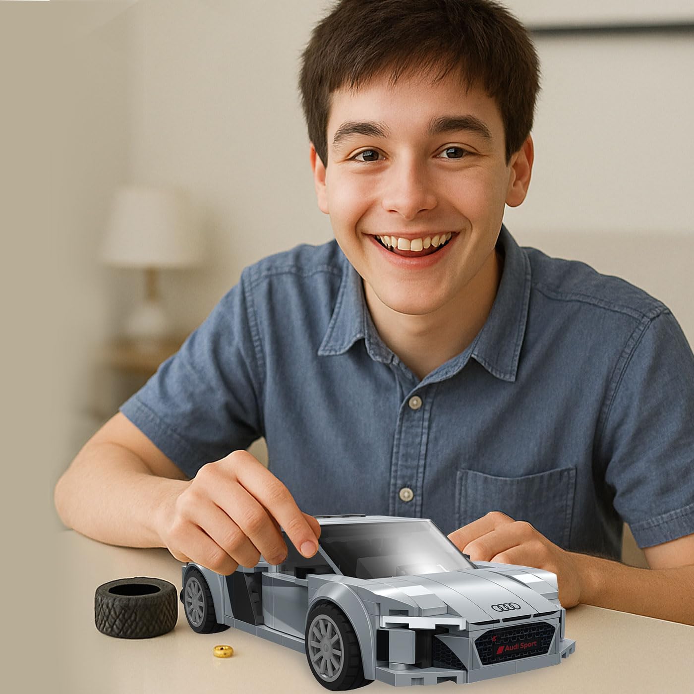 Young person assembling the Cada Audi R8 Coupe model
