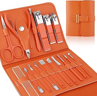 Manicure Set Professional Nail Clippers Pedicure Kit, 16 pcs Stainless Steel Nail Care Tools Grooming Kit with Luxurious Travel Leather Case for Thick Nails Men Women Gift (Orange)