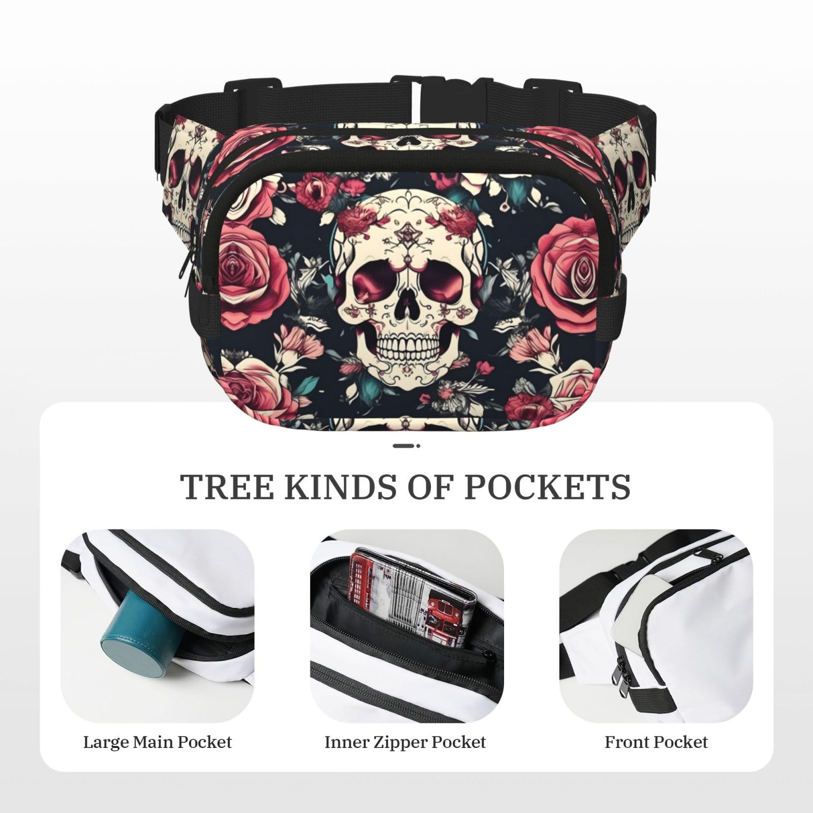 Kwiaty, czaszka, ozdobny, zamek błyskawiczny, saszetka, torby crossbody z regulowanym paskiem do joggingu, jazdy na rowerze, Czarny, Jeden rozmiar