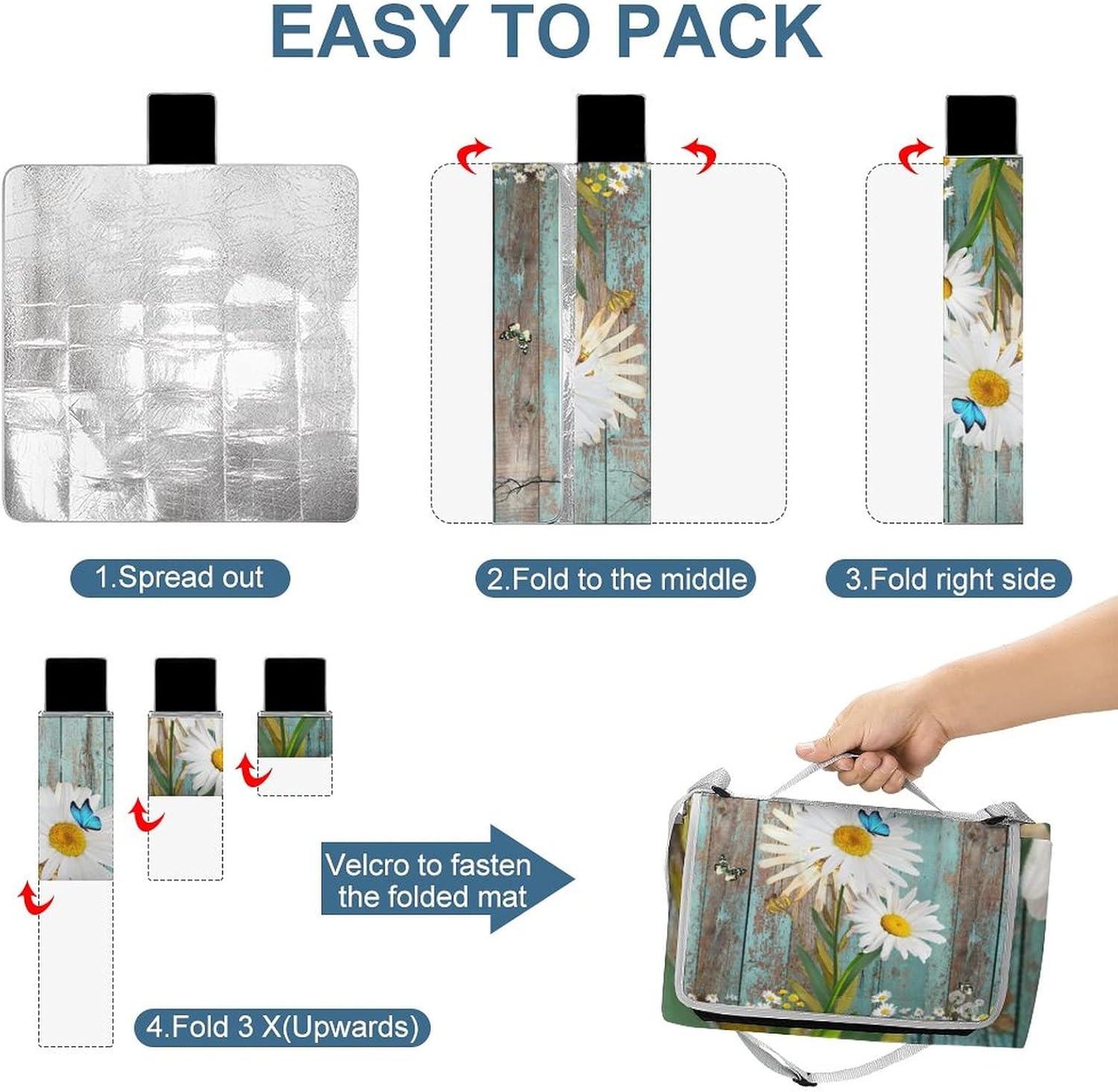 Butterfly Daisy Adults Lightweight Waterproof Picnic Blanket Rustic Daisy White Floral Farmhouse Retro Cyan Wooden Board for Outdoor Beach Hiking Camping on Grass Waterproof Sandproof 58.3x58.3 Inch