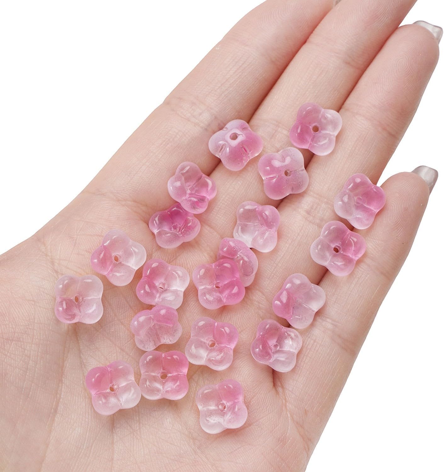100PCS Glass Flower Beads for Jewelry Making 4 Petal Flower Bead Caps Gradient Cute Floral Beads Aesthetic Charms for Necklace Bracelets Earrings DIY Craft Home Decoration-Pink - Image 3