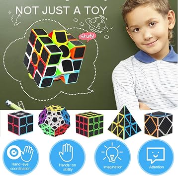 ROXENDA Speed Cube Set, 2x2 3x3 4x4 Pyramid Dodecahedron Cube - Magic Fast Cubes Collection for Kids & Adults [5 Pack](Carbon fiber)